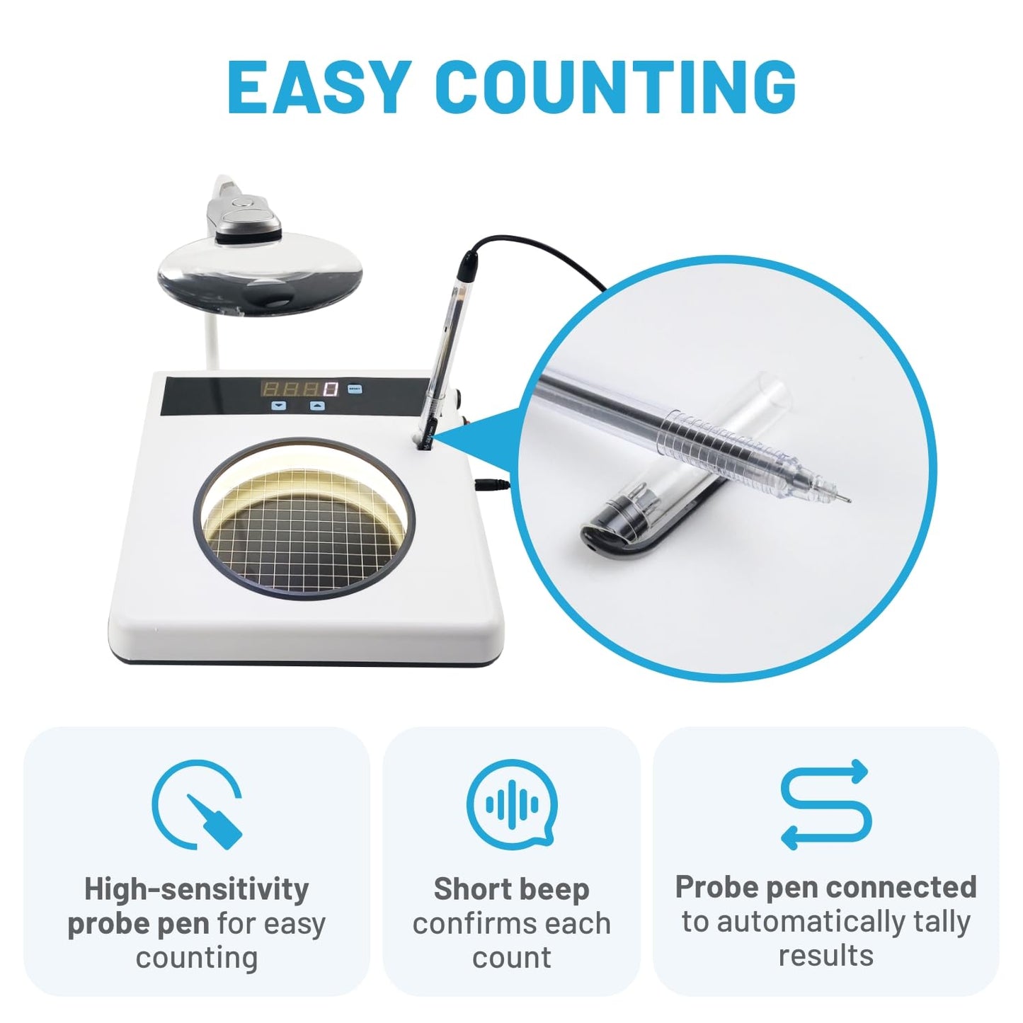 Digital Colony Counter with High-Sensitivity Counting Probe Pen for Accuracy, Built-in Lamp with Side Lighting