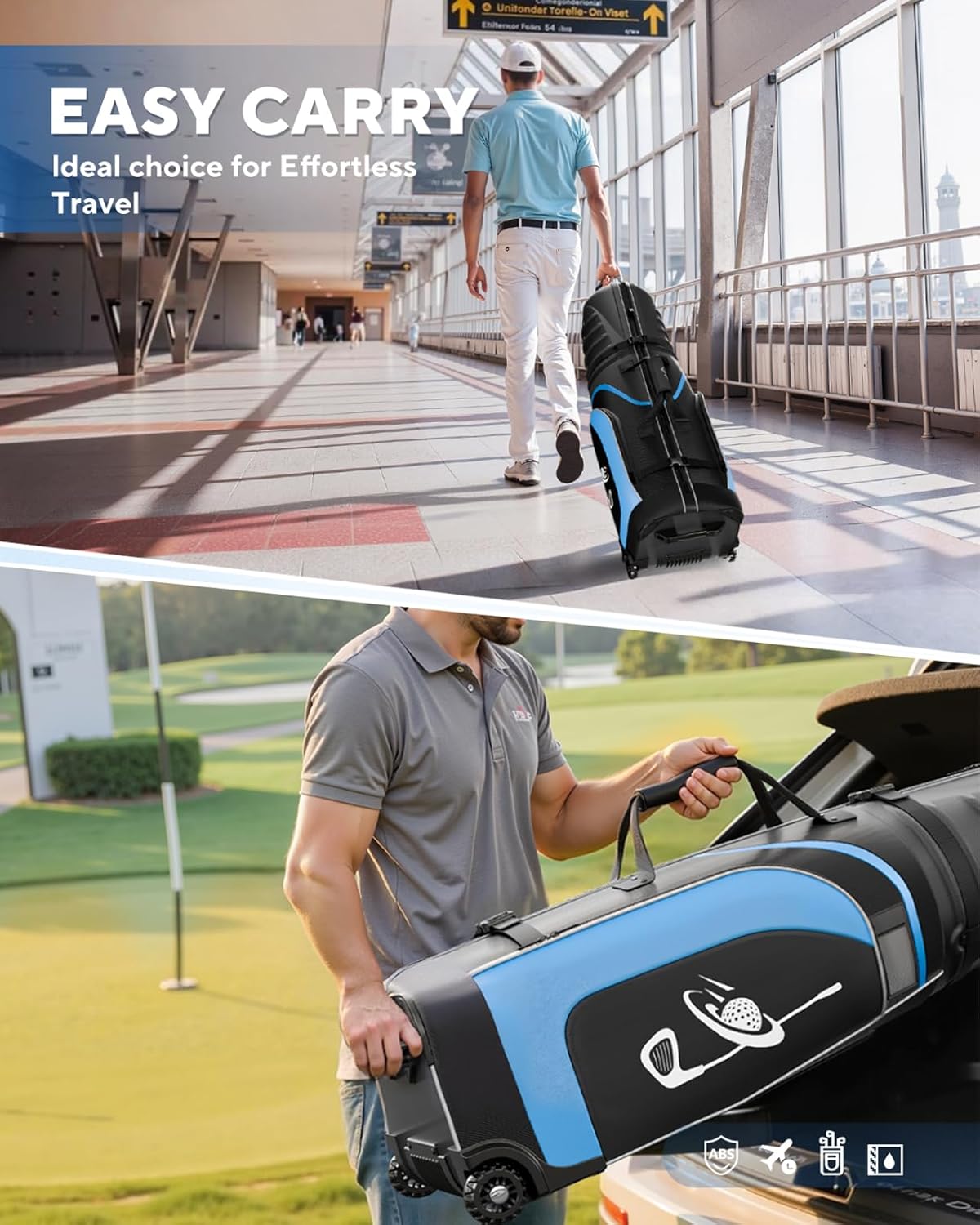 Golf Travel Bag for Airlines with Wheels, Foldable Hard Case with ABS Top and 1680D Heavy Duty Oxford