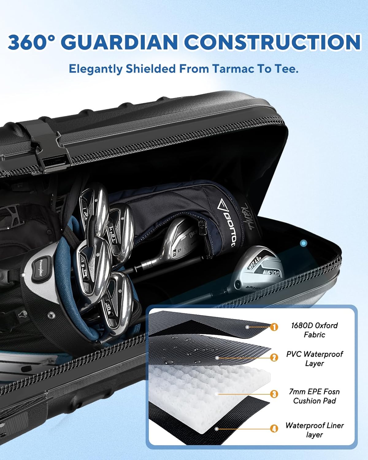 Golf Travel Bag for Airlines with Wheels, Foldable Hard Case with ABS Top and 1680D Heavy Duty Oxford