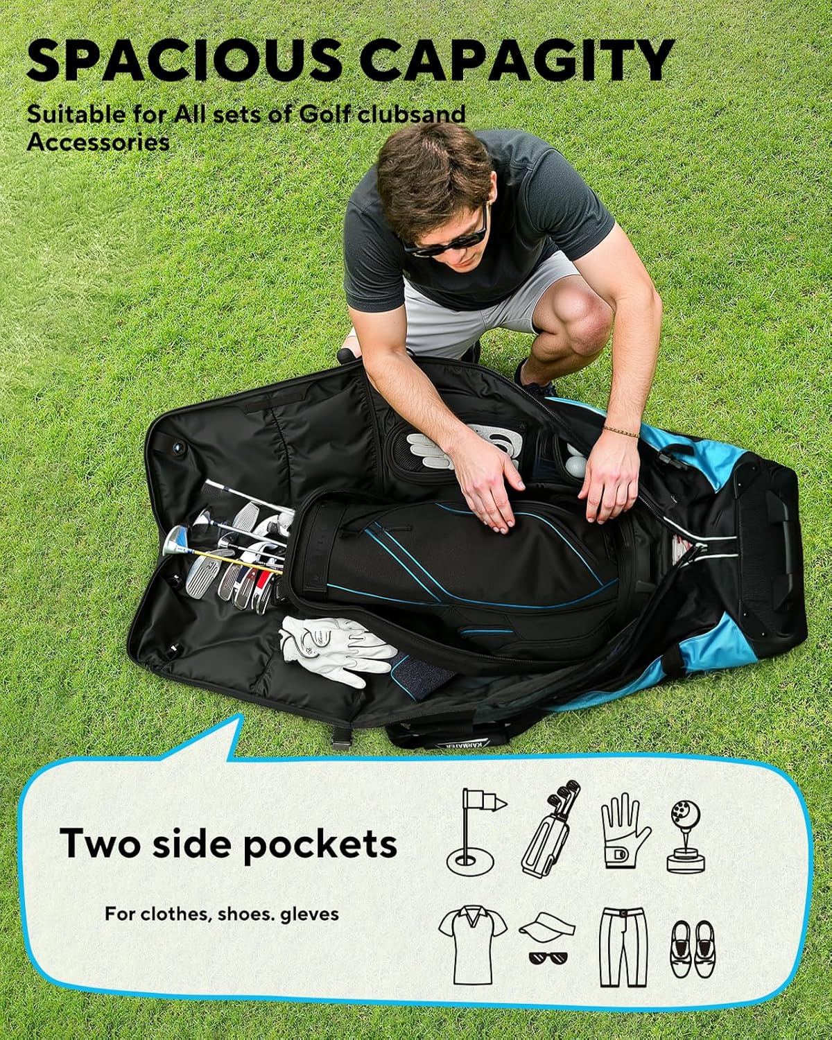 Golf Travel Bag for Airlines with Wheels, Foldable Hard Case with ABS Top and 1680D Heavy Duty Oxford