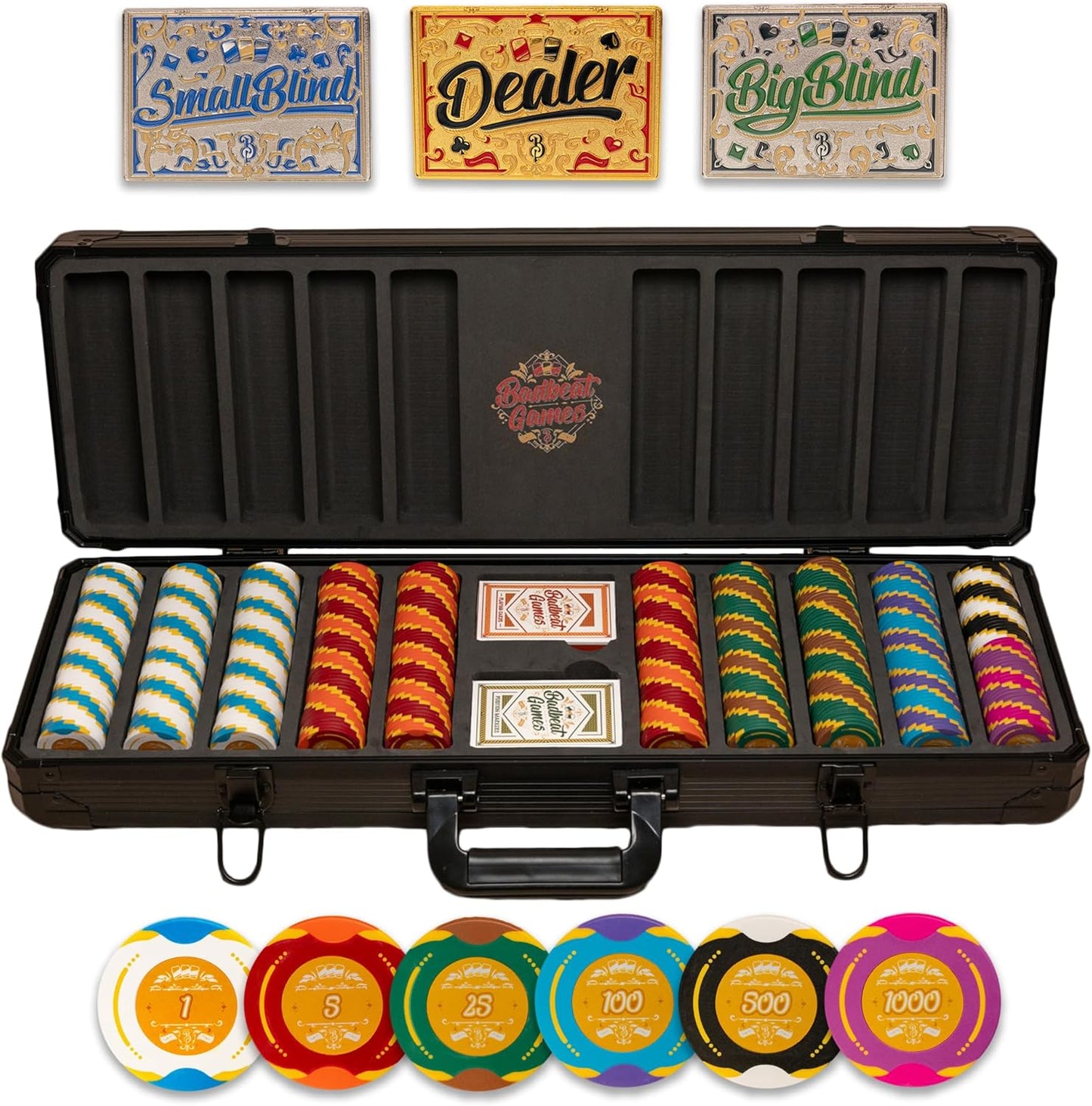 Poker Set with 500 Pc, Numbered Values,14 Gram/40 mm Clay Poker Chips, Durable Carrying Case and Playing Cards