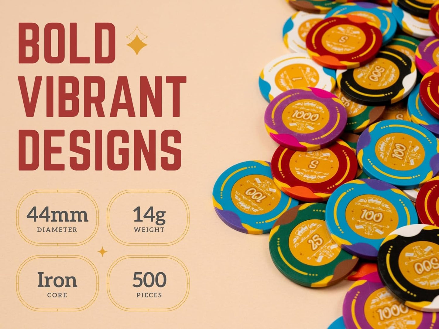 Poker Set with 500 Pc, Numbered Values,14 Gram/40 mm Clay Poker Chips, Durable Carrying Case and Playing Cards