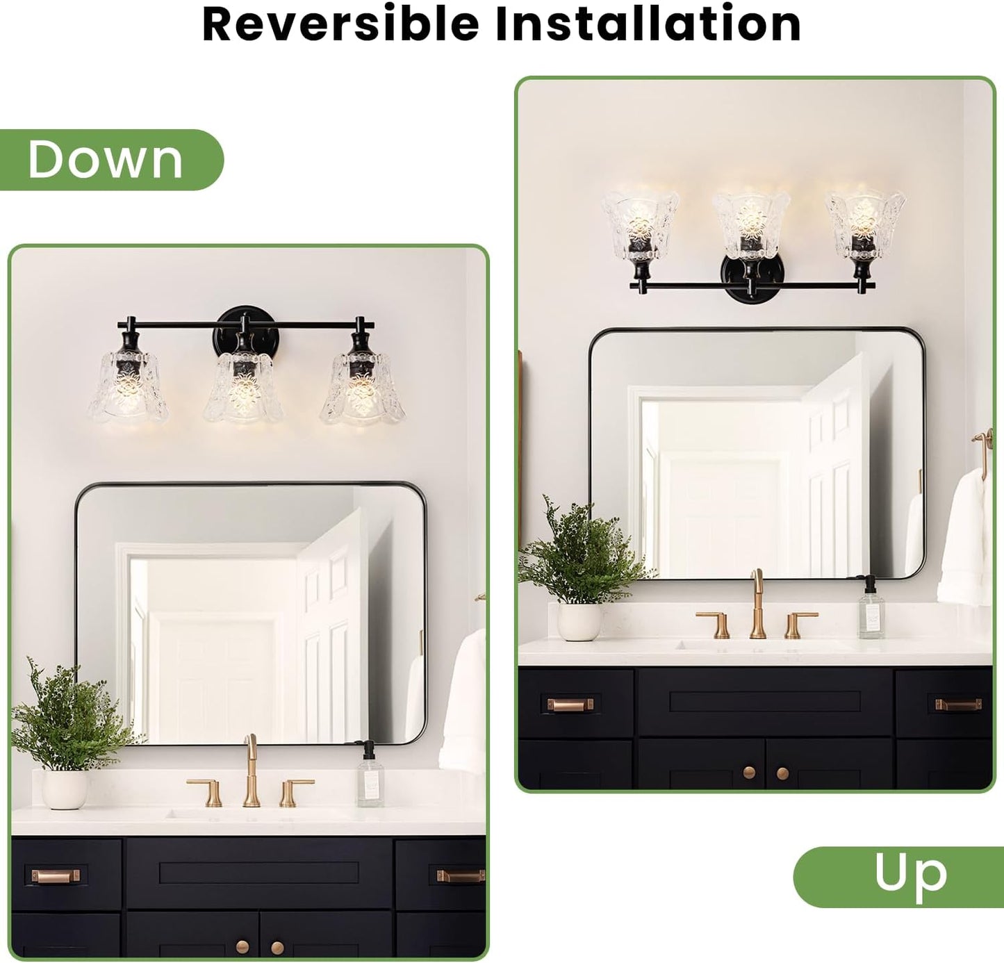 Bathroom Light Fixture, 3-Light Vanity Lights Over Mirror with Personalized Glass Shade, Wall Decor Lamp