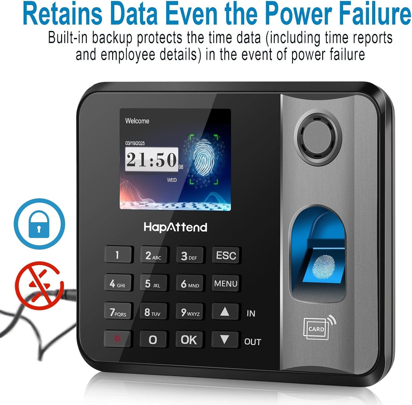 HapAttend Time Clock - Fingerprint Time Clocks for Employees Small Business Automatic Calculate Hours