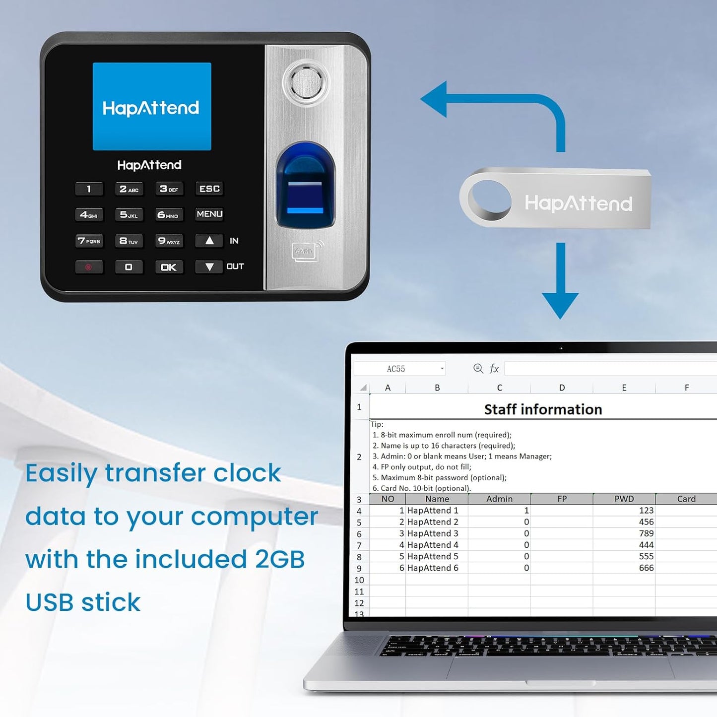 HapAttend Time Clock - Fingerprint Time Clocks for Employees Small Business Automatic Calculate Hours