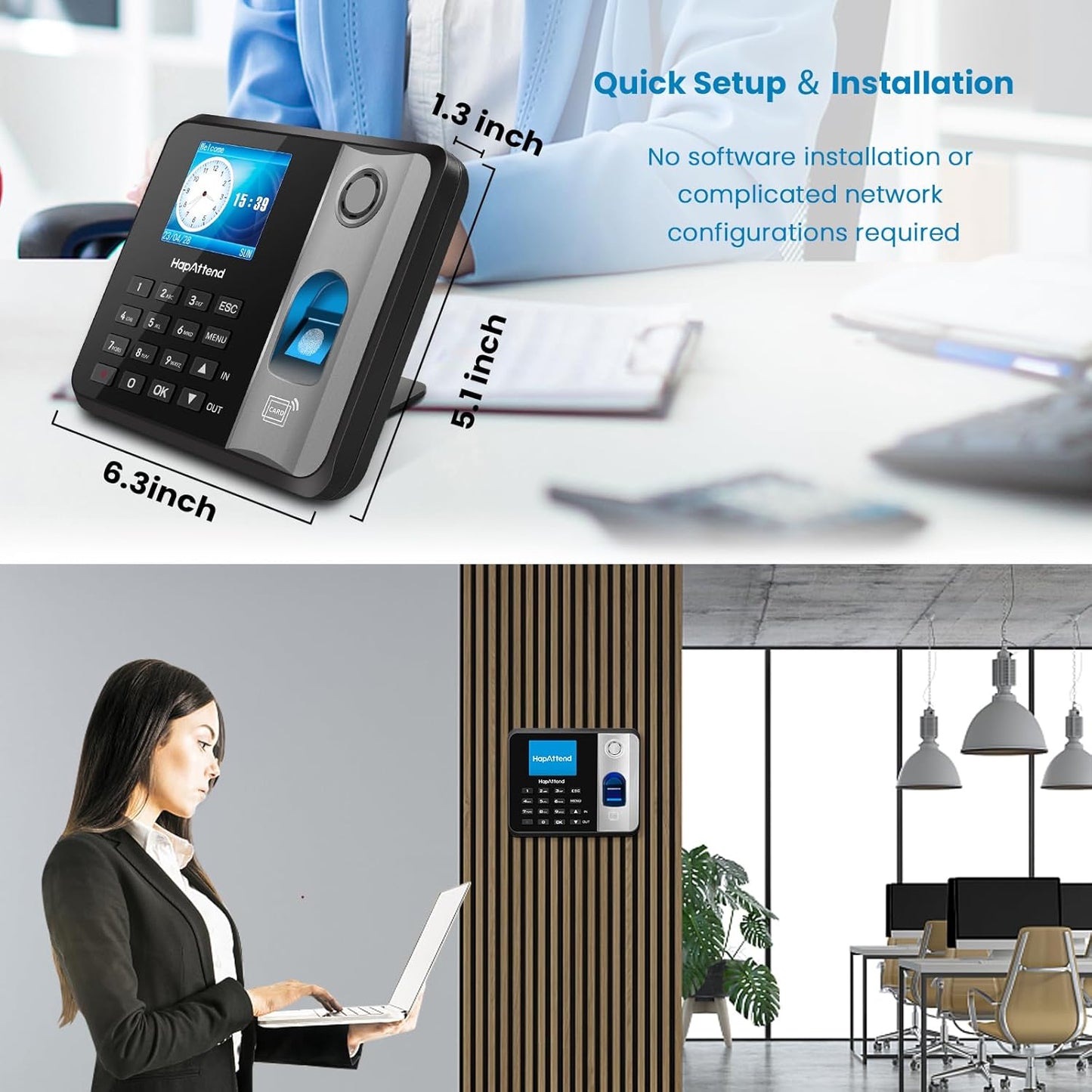 HapAttend Time Clock - Fingerprint Time Clocks for Employees Small Business Automatic Calculate Hours