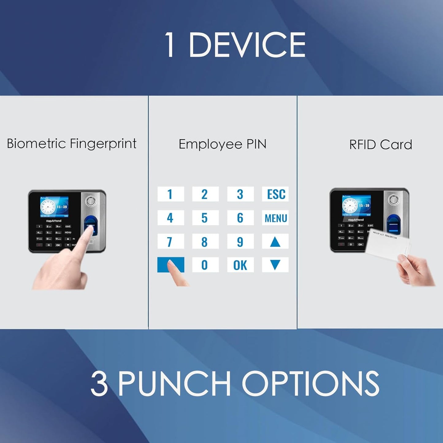 HapAttend Time Clock - Fingerprint Time Clocks for Employees Small Business Automatic Calculate Hours