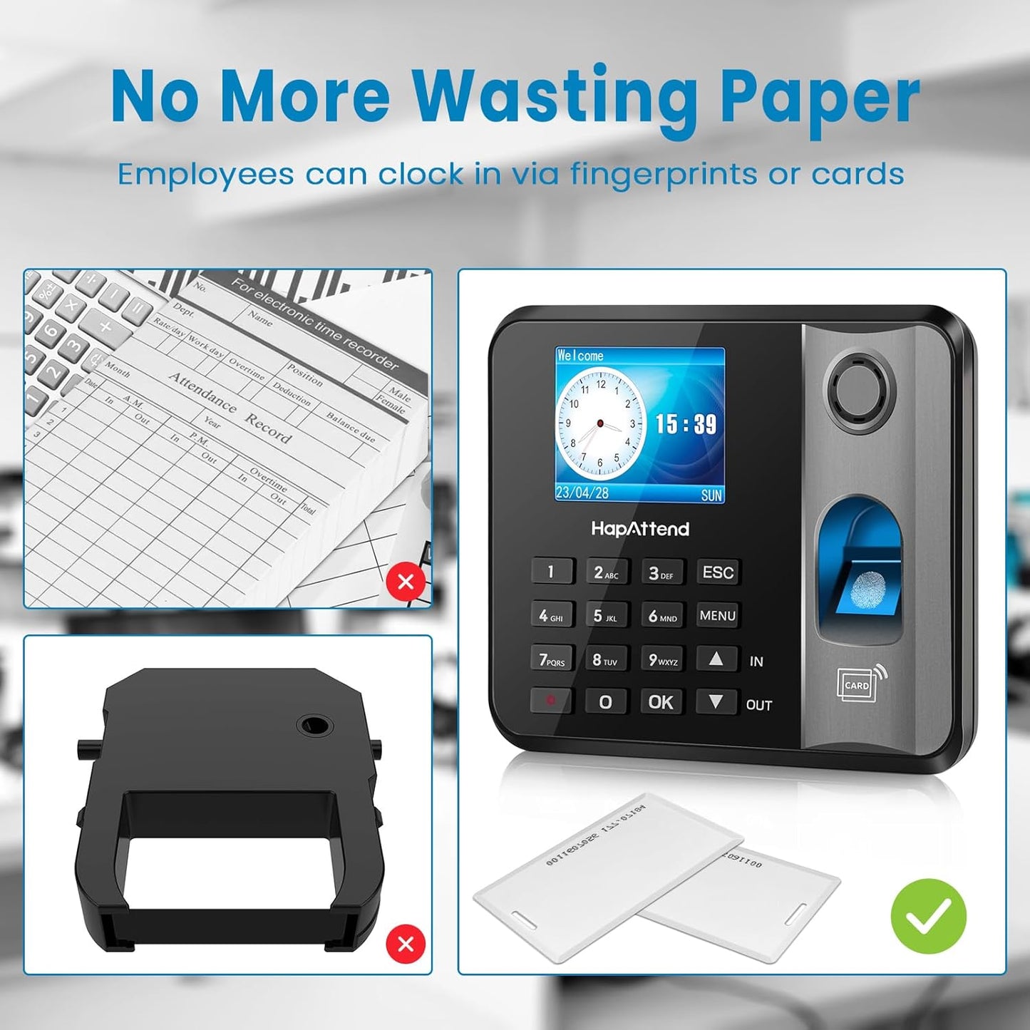 HapAttend Time Clock - Fingerprint Time Clocks for Employees Small Business Automatic Calculate Hours