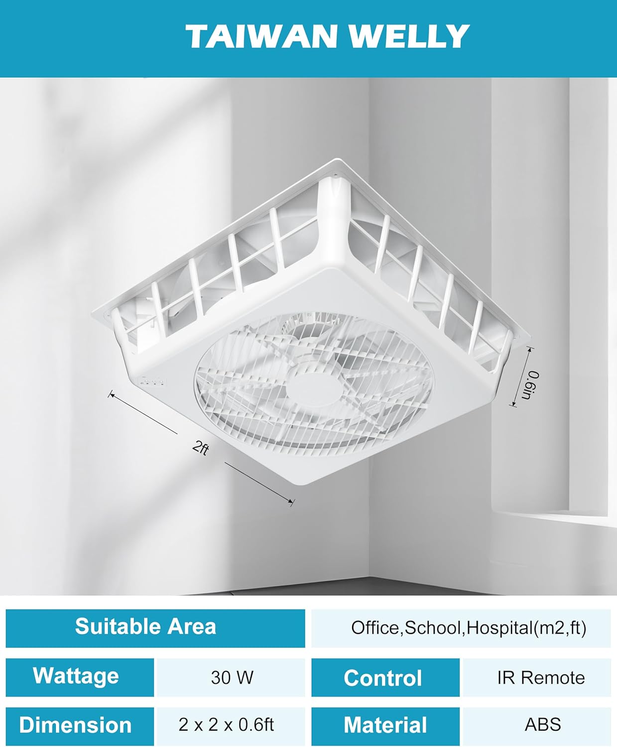 Drop Ceiling Tile Fan, Flush Mount Ceiling Fan, Ultra Quiet DC Motor, 15 Wind Speed Ventilation, 23.7 inch