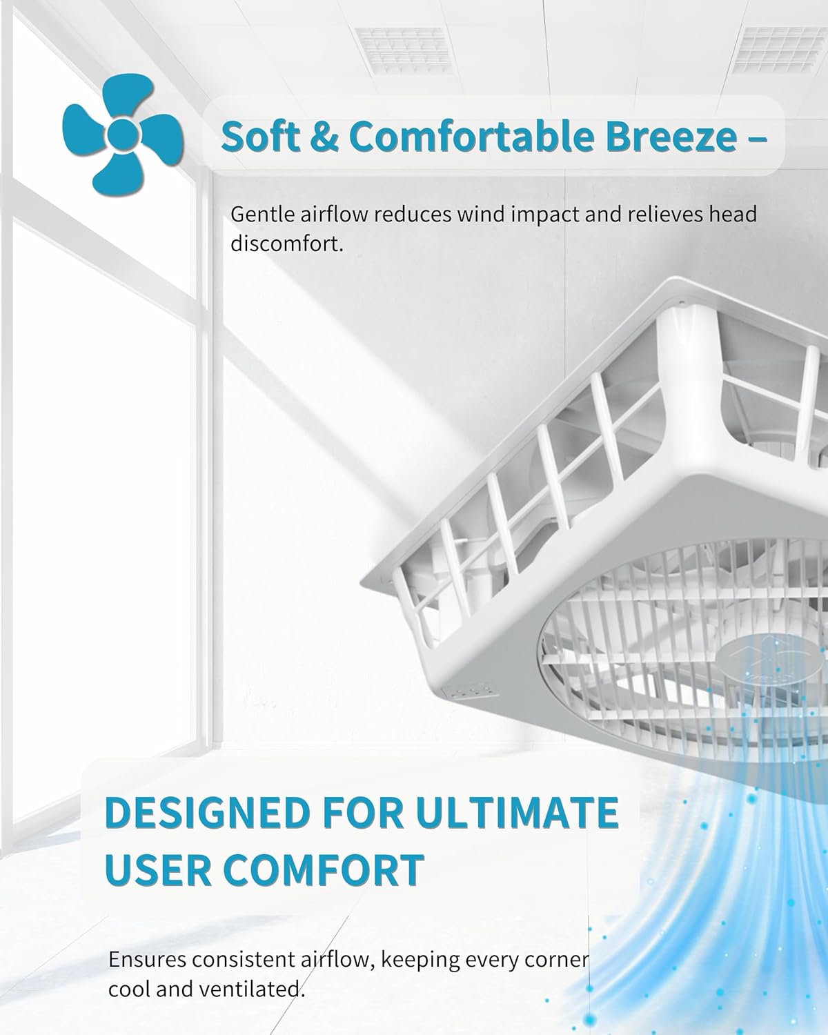 Drop Ceiling Tile Fan, Flush Mount Ceiling Fan, Ultra Quiet DC Motor, 15 Wind Speed Ventilation, 23.7 inch