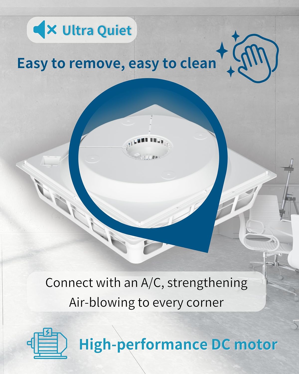 Drop Ceiling Tile Fan, Flush Mount Ceiling Fan, Ultra Quiet DC Motor, 15 Wind Speed Ventilation, 23.7 inch