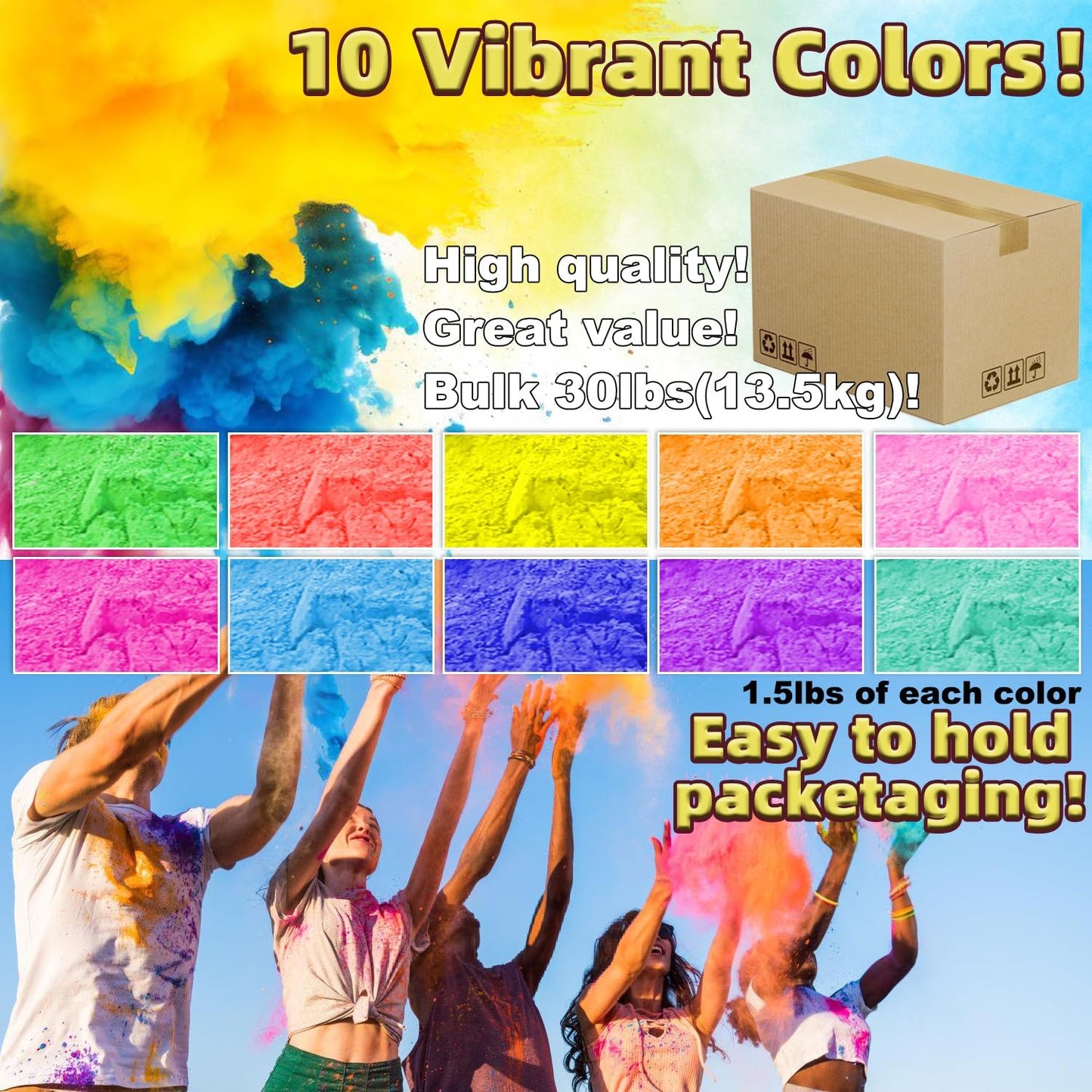 Color Run Powder Squeeze Bottles, 30lbs Bulk 10 Colors 20 Pack Large 34oz, Refillable, Prefilled, Non-Toxic