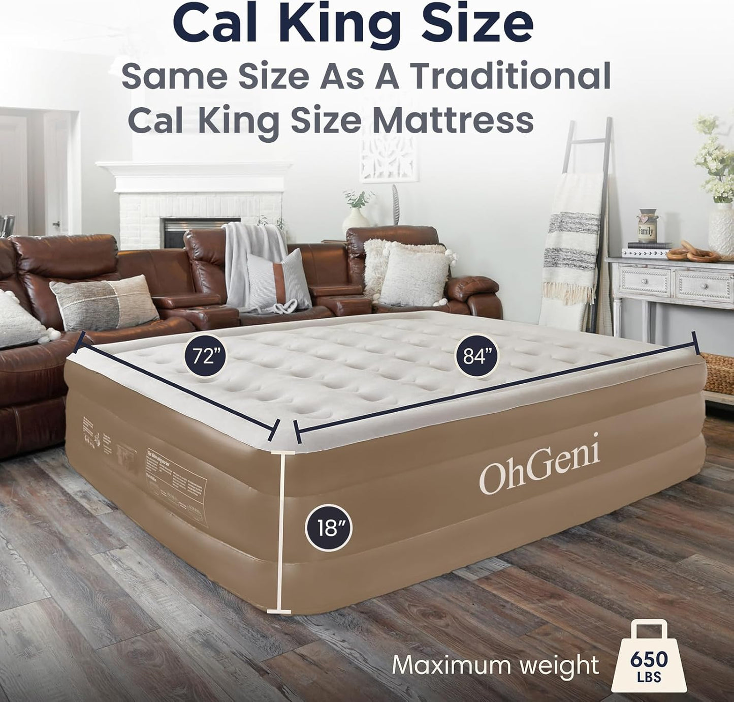 Cal King Air Mattress with Built in Pump for Guest, 18' Tall Inflatable Blow Up Air Bed with Carrying Bag for Camping