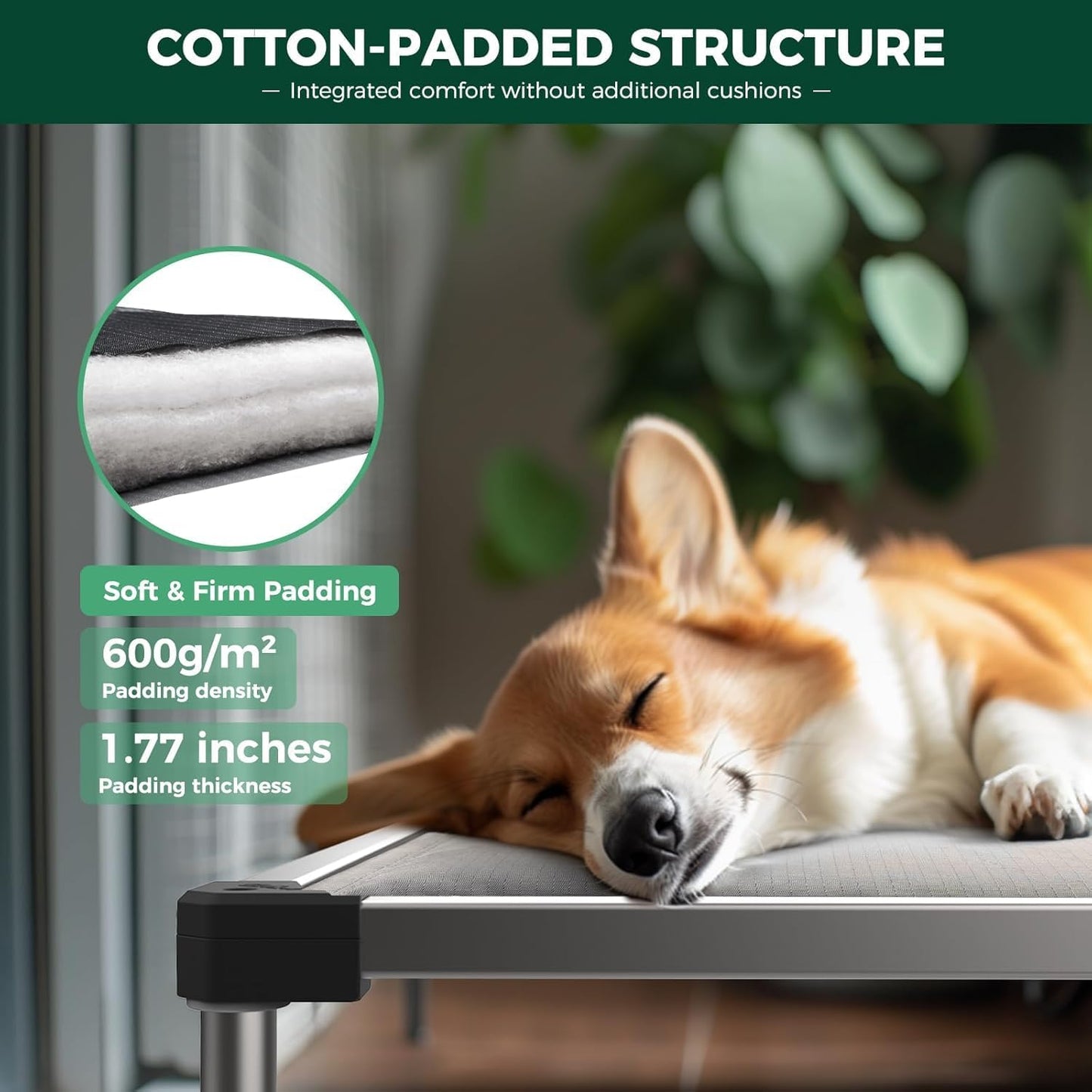Padded Dog Bed, Chew-Proof Elevated Cot, Indoor/Outdoor, for Small and Medium Dogs, Grey, 42-Inch