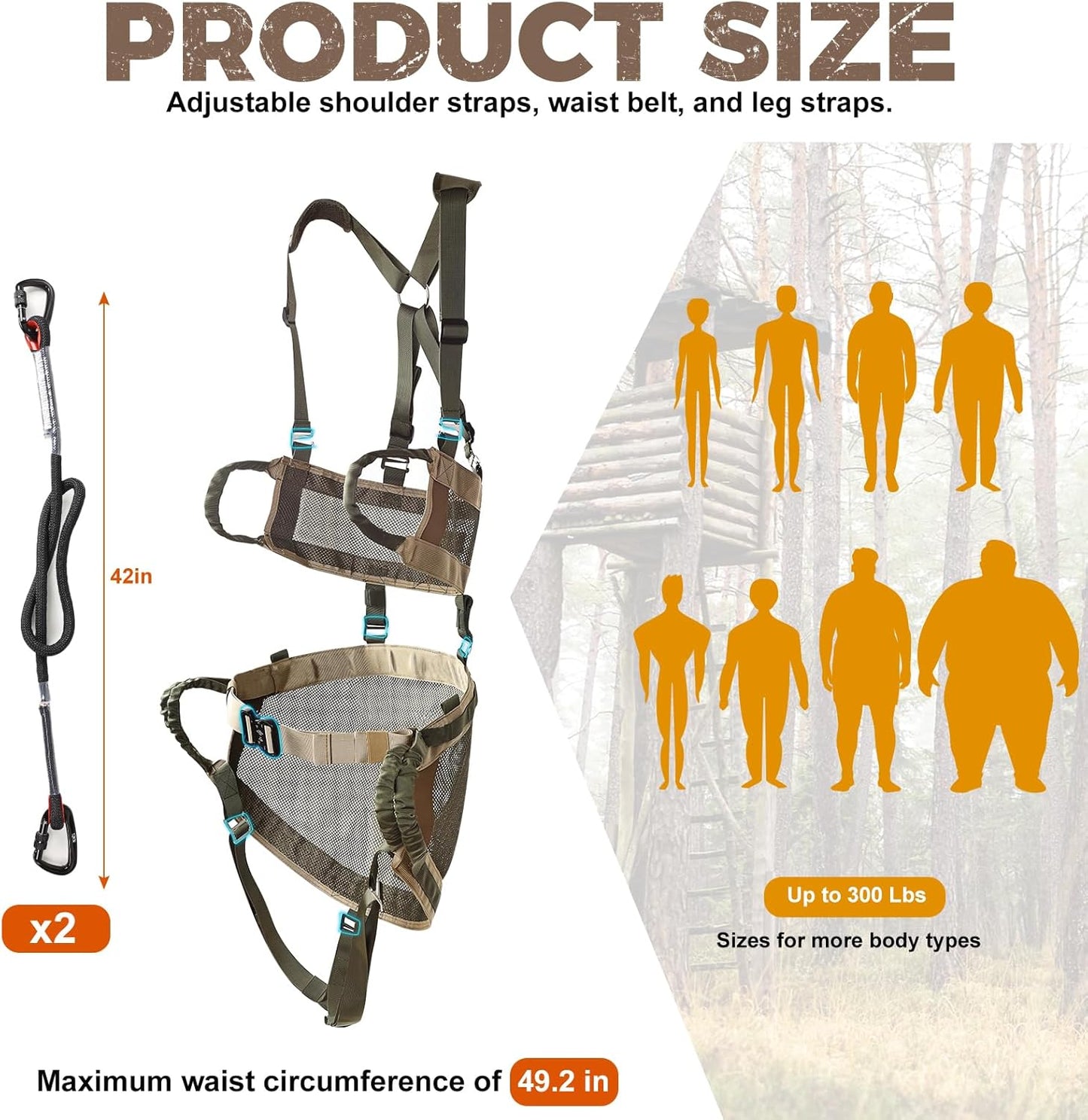 Tree Saddle Hunting Kit, Lightweight Tree Climbing Saddle Adjustable Accessory with removable Padding