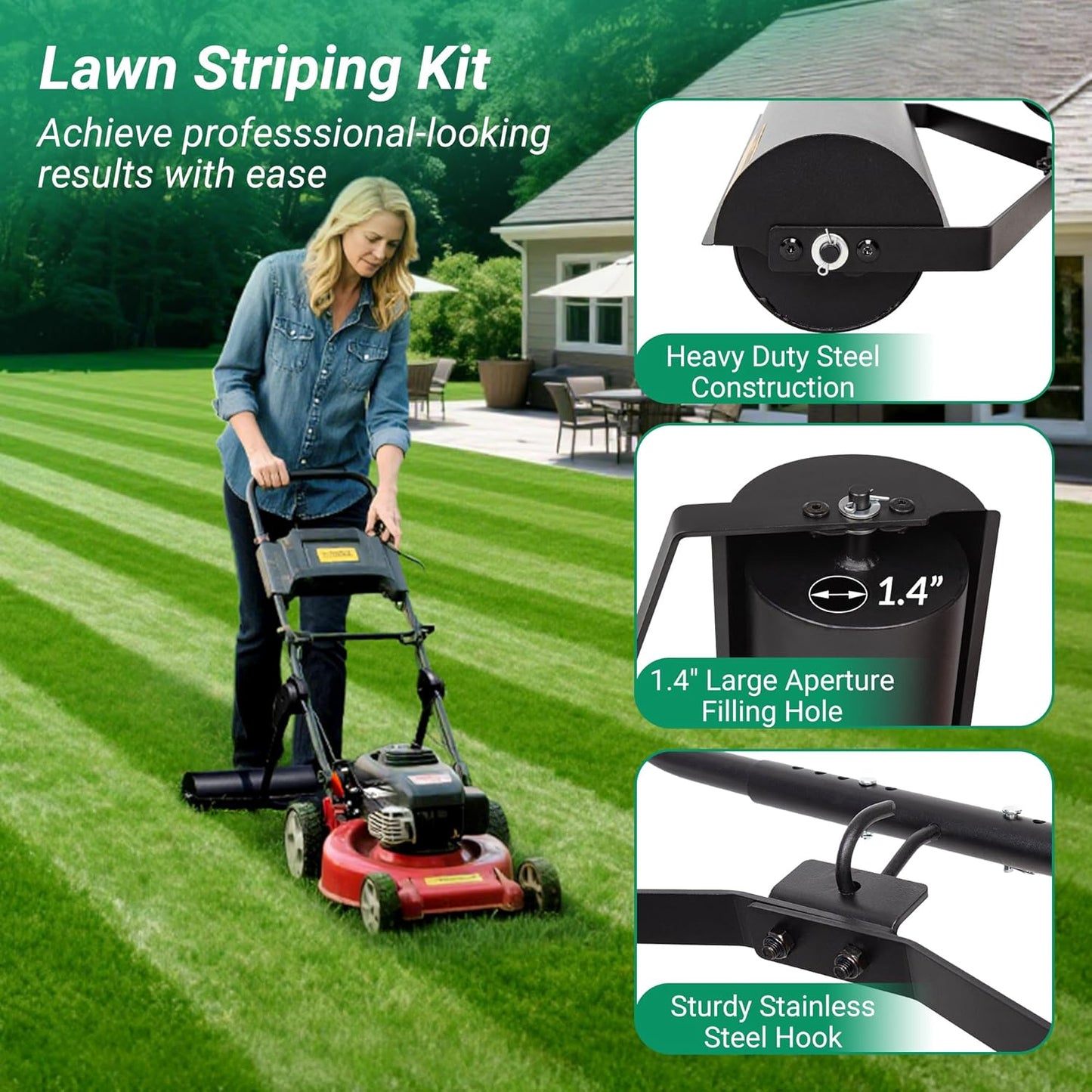 Lawn Striping Kit for Push Mowers, Heavy-Duty Stainless Steel Roller, Universal with Large Easy-Fill Sand Port