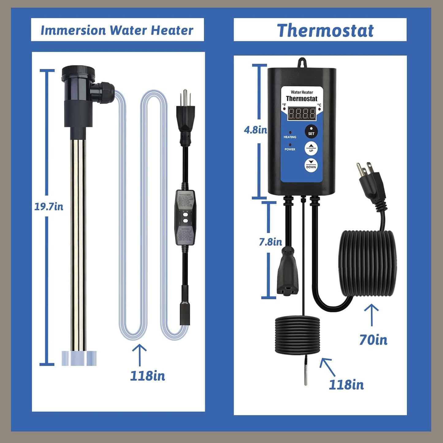 Immersion Water Heater. 3500W 240V, Portable Electric Inflatable Pool and Hot Tub Submersible Water Heater