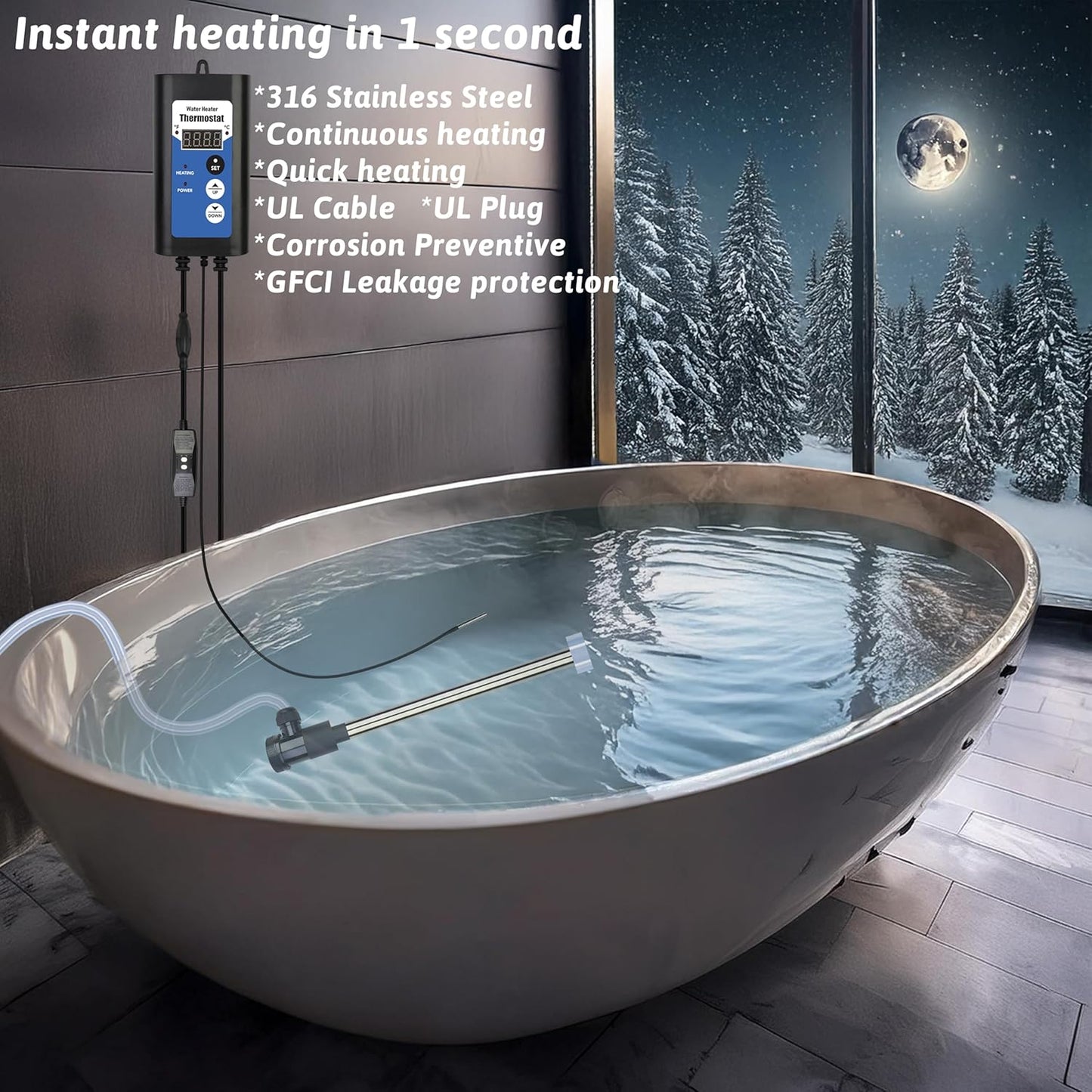 Immersion Water Heater. 3500W 240V, Portable Electric Inflatable Pool and Hot Tub Submersible Water Heater