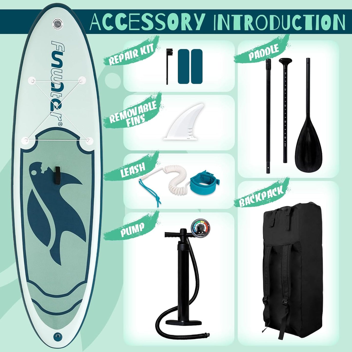 Inflatable Stand Up Paddle Board Ultra-Light, Fin, Adjustable Paddle, Pump, Backpack, Leash