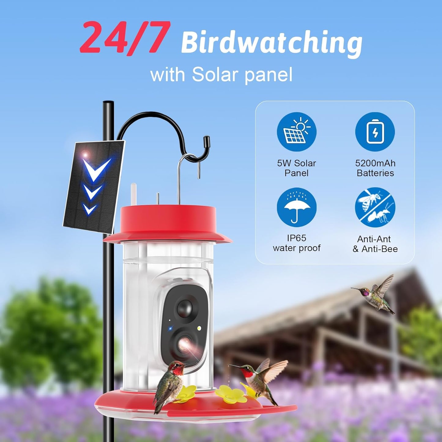 Hummingbird Feeder with Camera, Solar Powered, Anti-ant and Anti-bee Function, AI Bird Identification, Easy to Clean and Refill, Equipped with Bird