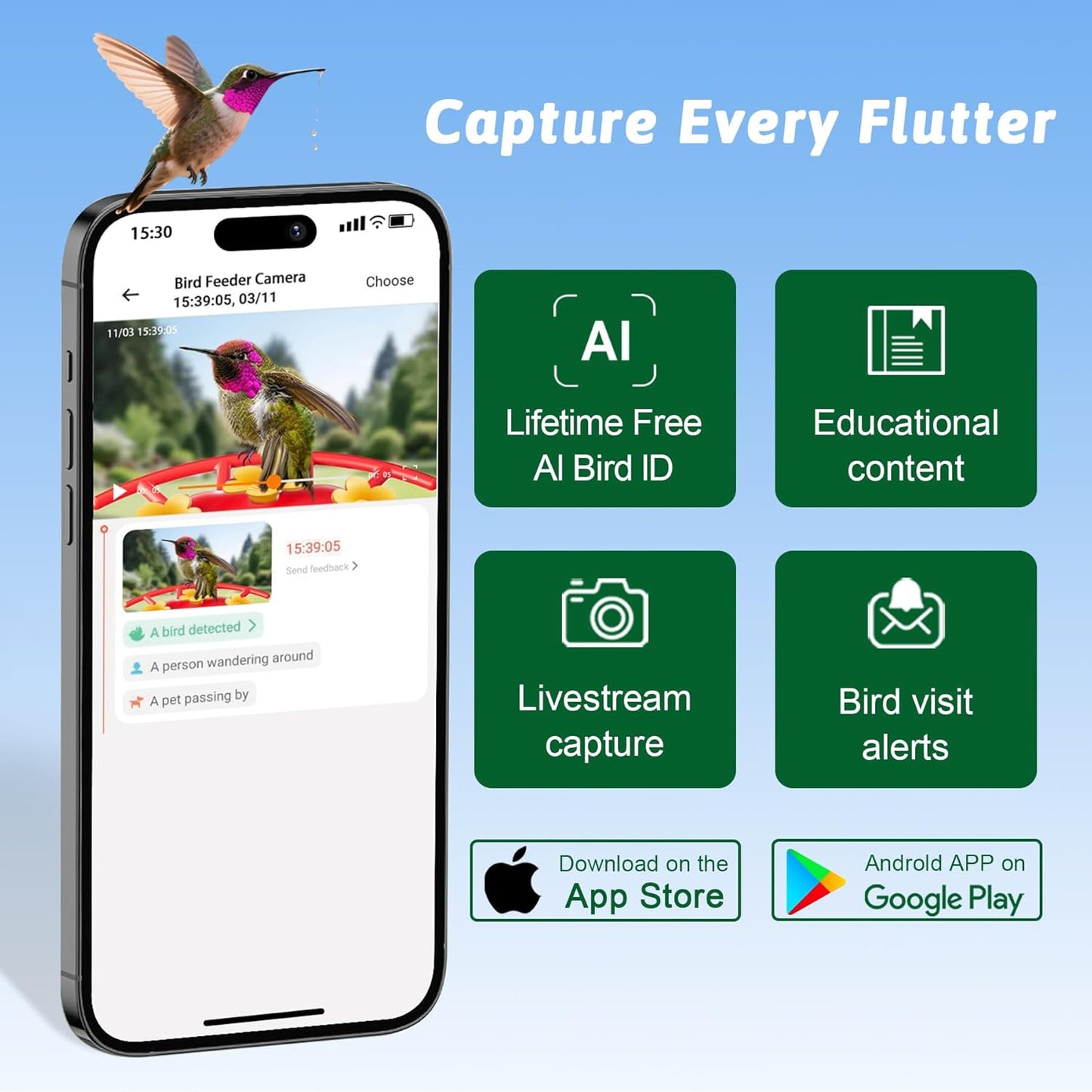 Hummingbird Feeder with Camera, Solar Powered, Anti-ant and Anti-bee Function, AI Bird Identification, Easy to Clean and Refill, Equipped with Bird