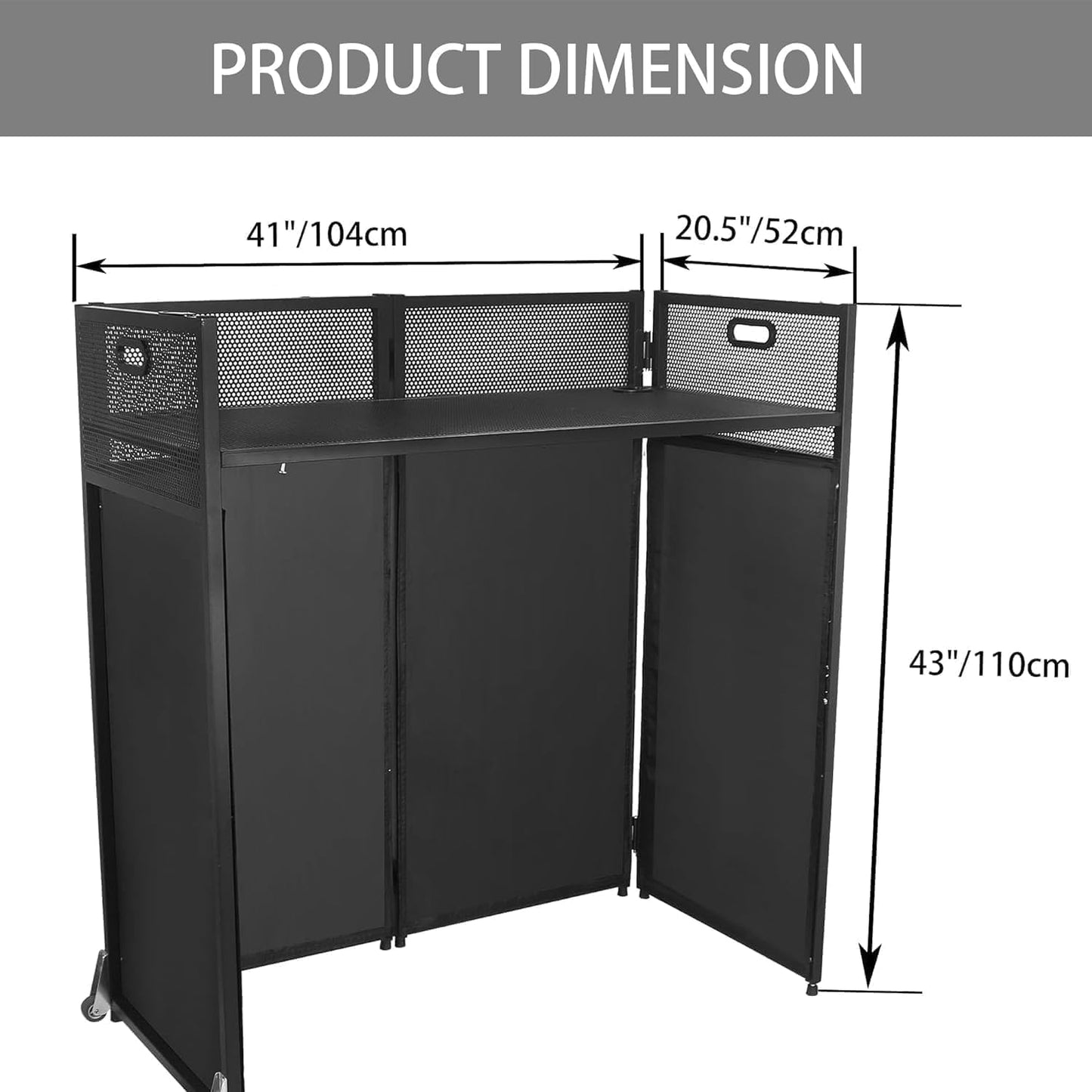 DJ Facade Booth Table 41' x 21' Portable with Black & White Lighting Scrims, Black Metal Frame, 2 Wheels
