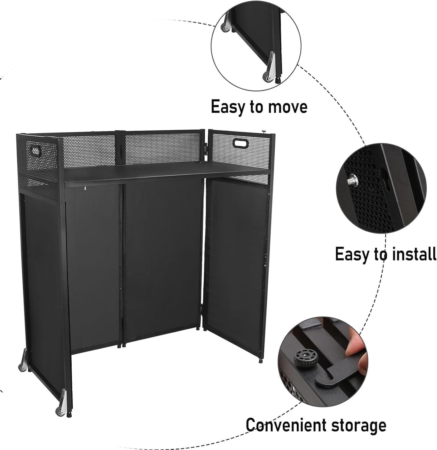 DJ Facade Booth Table 41' x 21' Portable with Black & White Lighting Scrims, Black Metal Frame, 2 Wheels