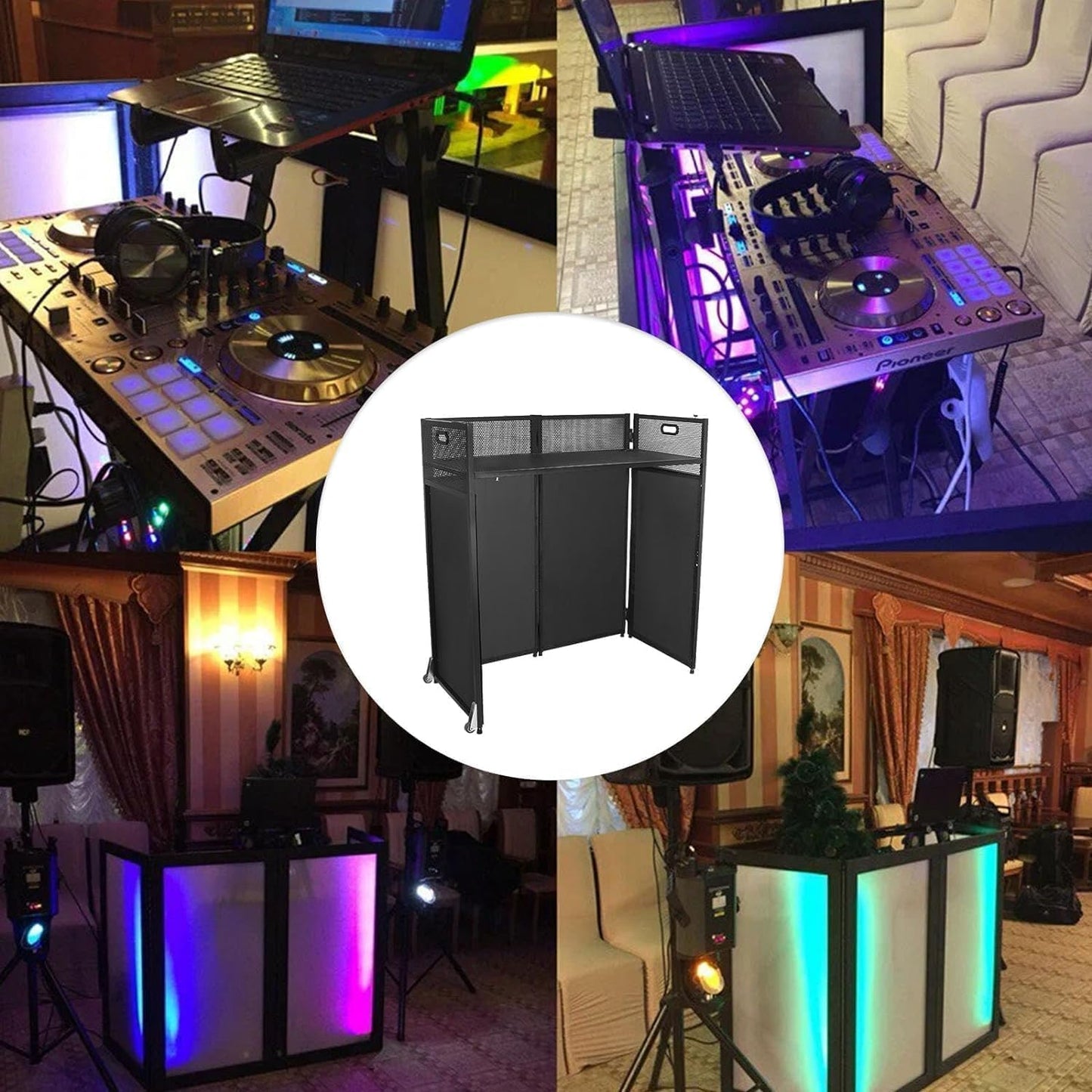 DJ Facade Booth Table 41' x 21' Portable with Black & White Lighting Scrims, Black Metal Frame, 2 Wheels