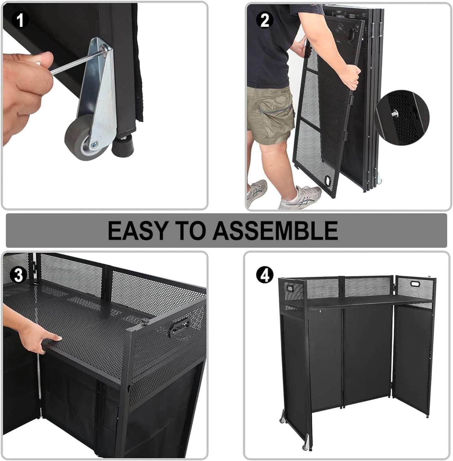 DJ Facade Booth Table 41' x 21' Portable with Black & White Lighting Scrims, Black Metal Frame, 2 Wheels