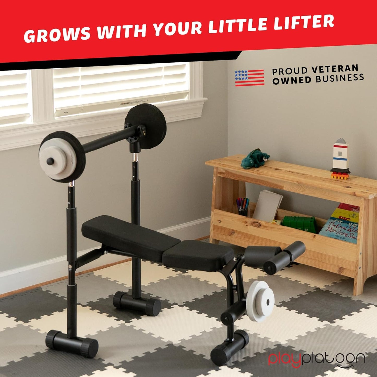 Play Platoon Kids Weight Bench Set, Kids Gym Equipment for Home, Bench Press Weight Sets