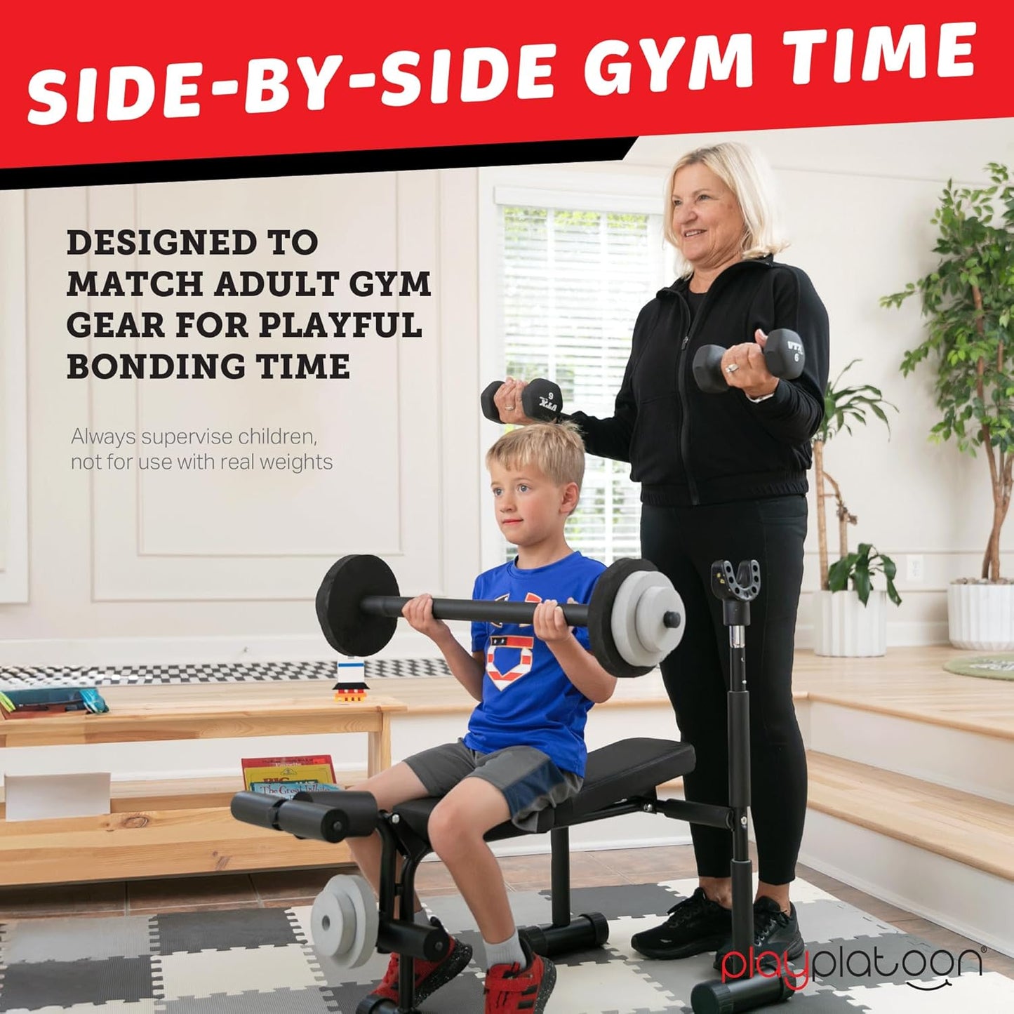 Play Platoon Kids Weight Bench Set, Kids Gym Equipment for Home, Bench Press Weight Sets