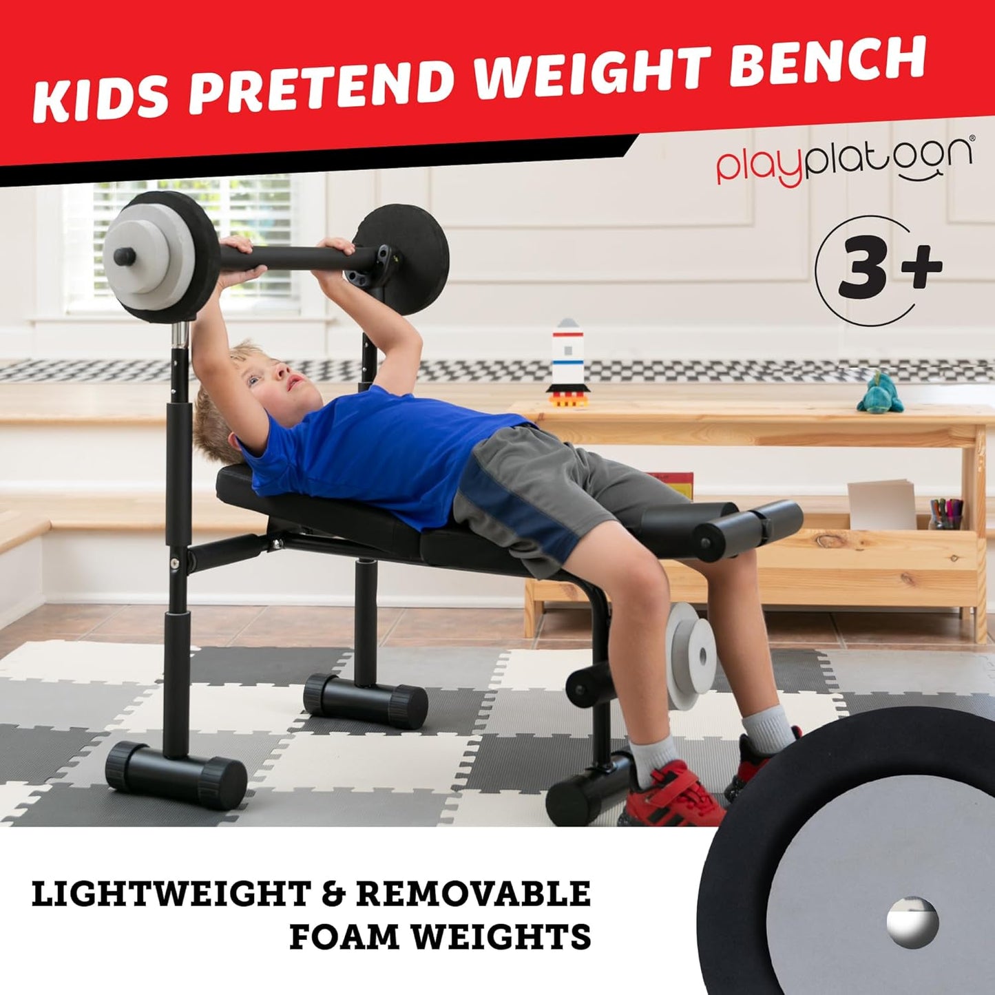 Play Platoon Kids Weight Bench Set, Kids Gym Equipment for Home, Bench Press Weight Sets