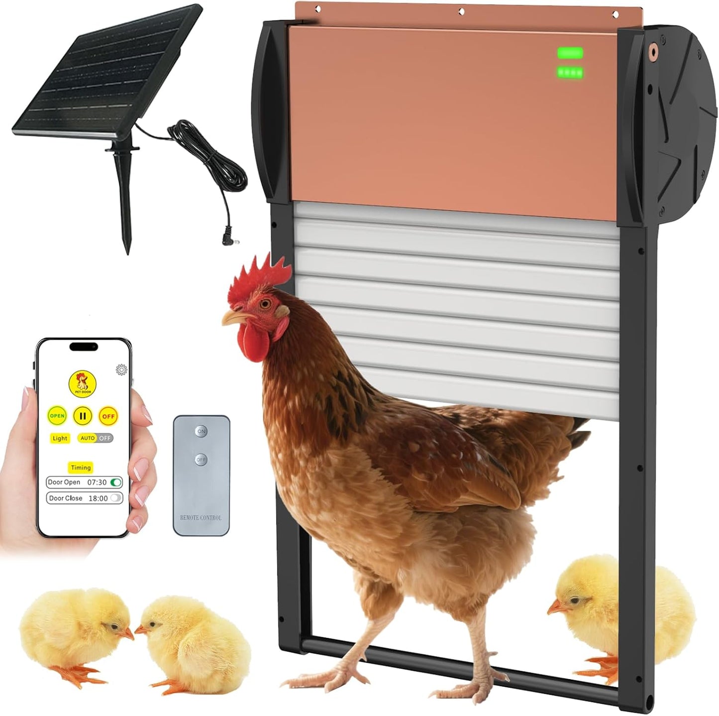 Automatic Chicken Coop Door Solar/Battery Powered with APP Control, Programmable Timer, Light Sensor