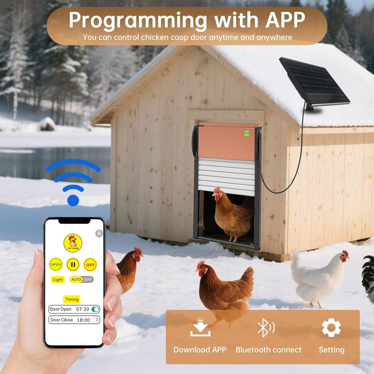 Automatic Chicken Coop Door Solar/Battery Powered with APP Control, Programmable Timer, Light Sensor