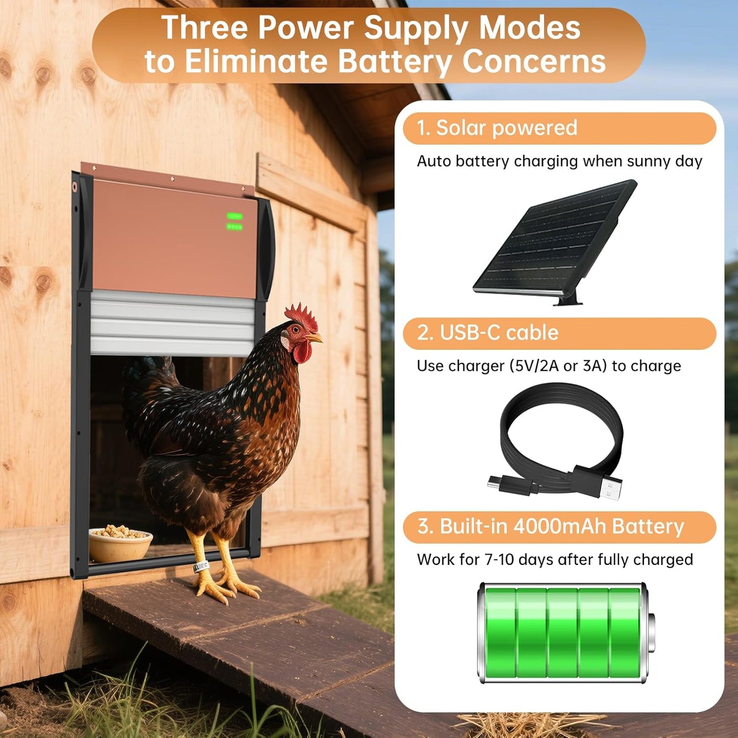 Automatic Chicken Coop Door Solar/Battery Powered with APP Control, Programmable Timer, Light Sensor