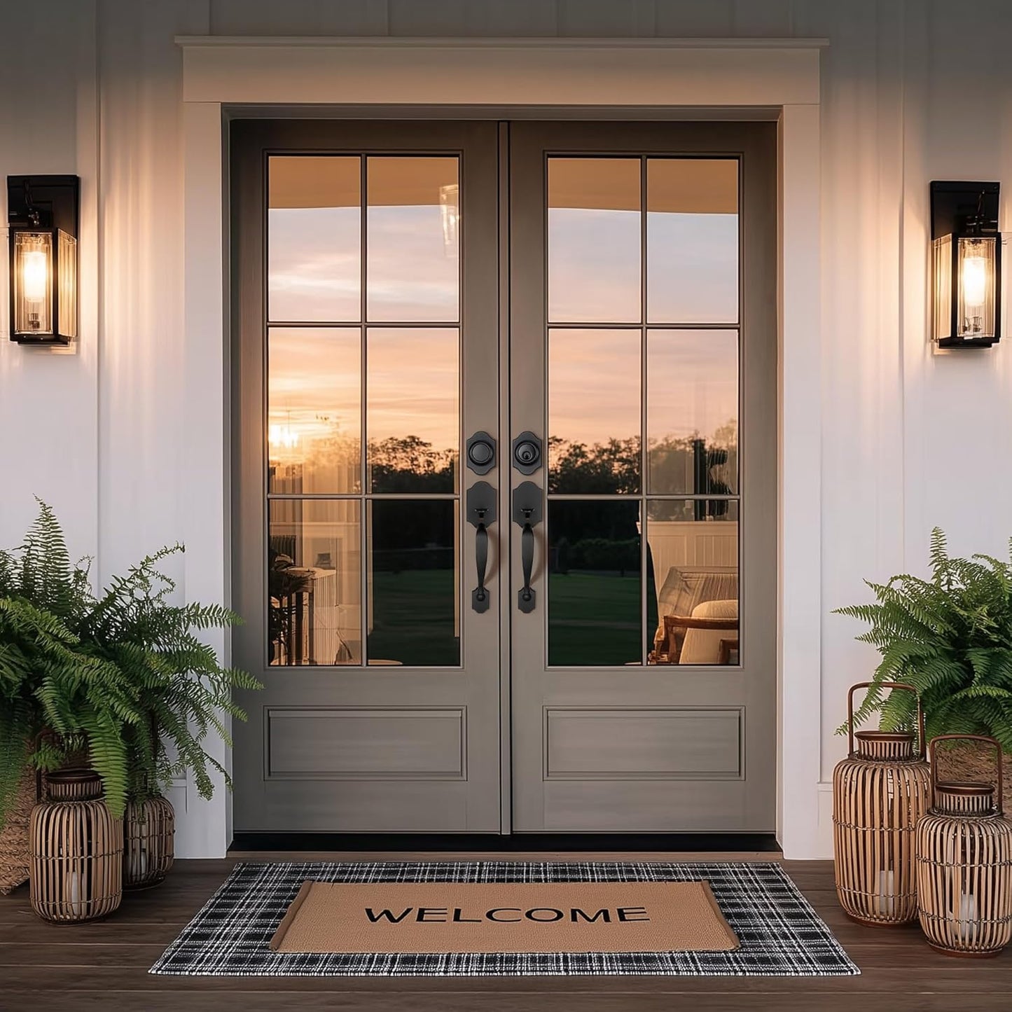 Double Door Handle Set for Front Door, Classic Double Front Door Lock Set with Dummy, Reversible Handle Lever