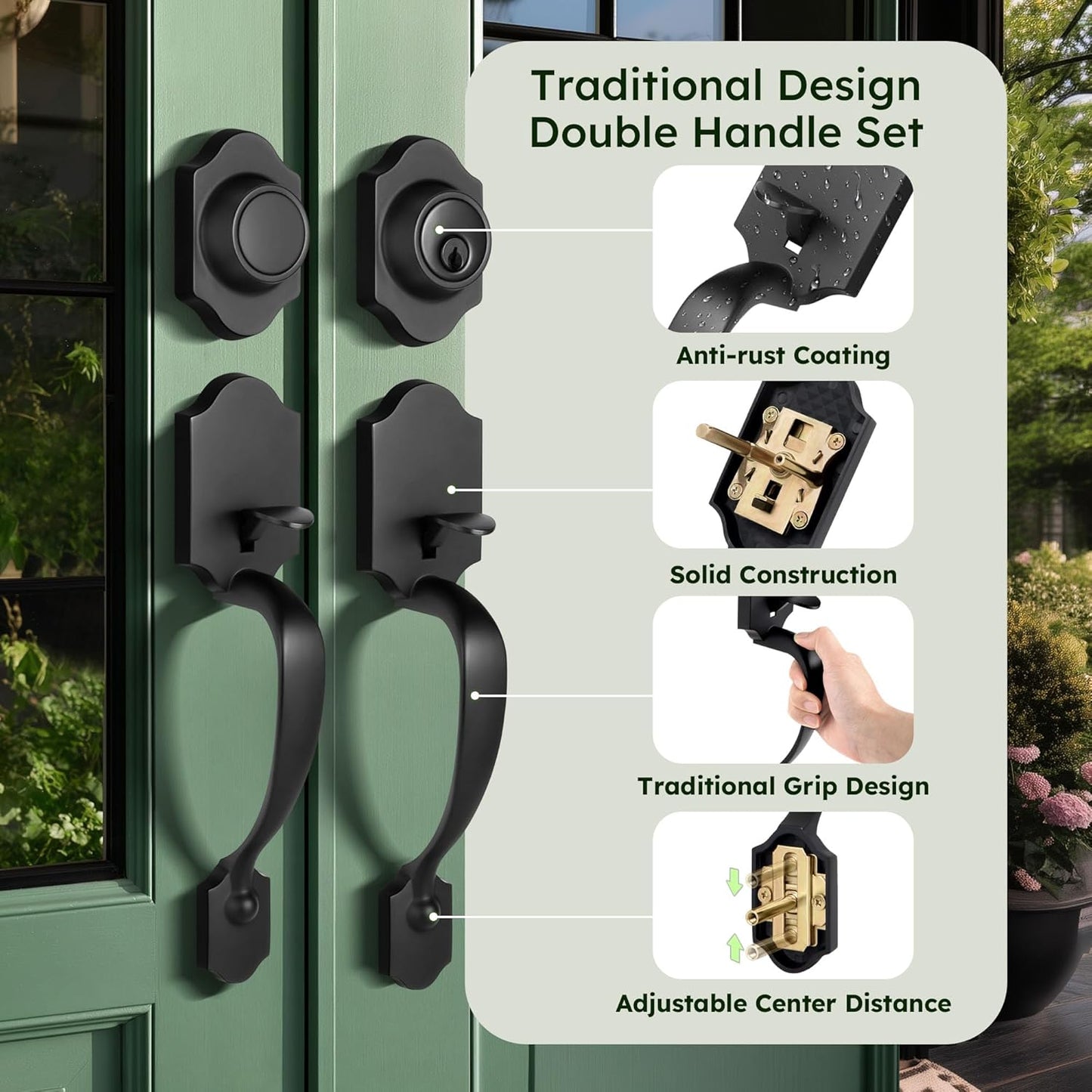 Double Door Handle Set for Front Door, Classic Double Front Door Lock Set with Dummy, Reversible Handle Lever