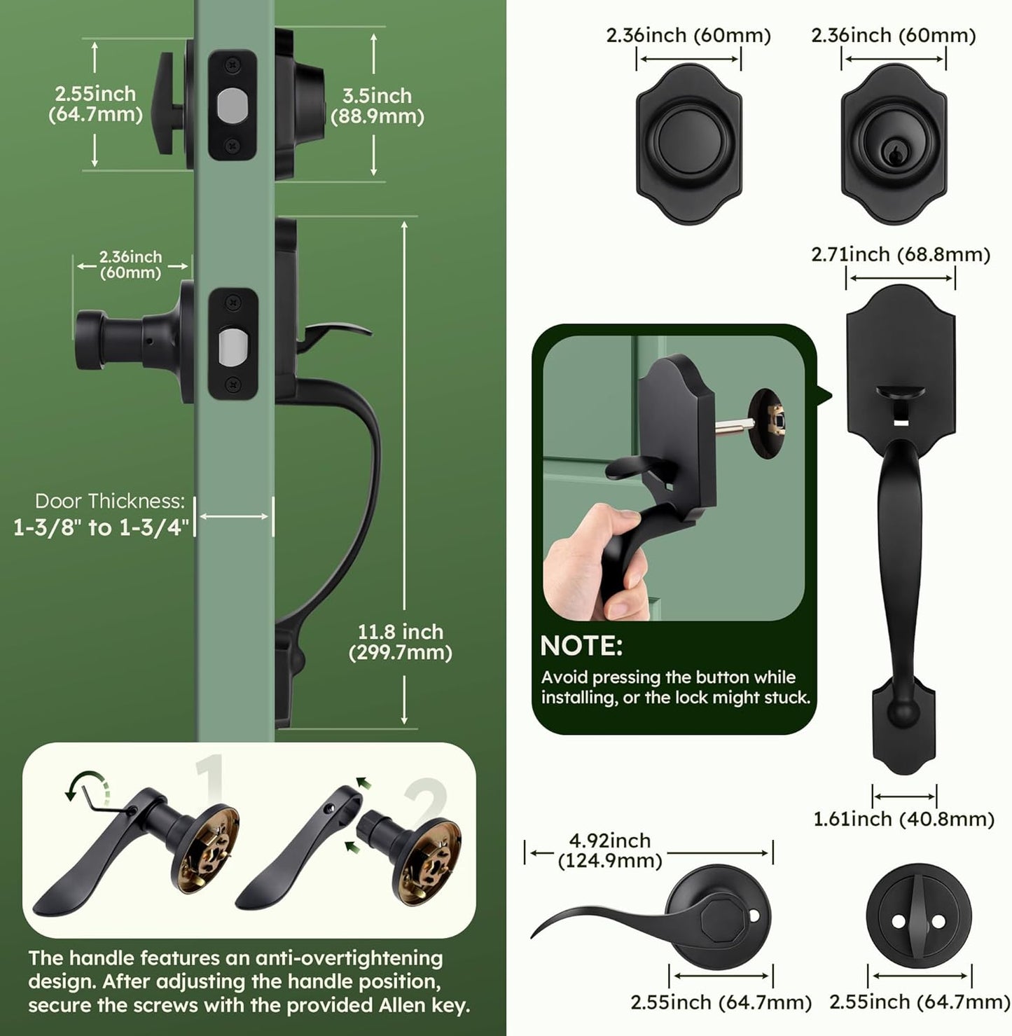 Double Door Handle Set for Front Door, Classic Double Front Door Lock Set with Dummy, Reversible Handle Lever