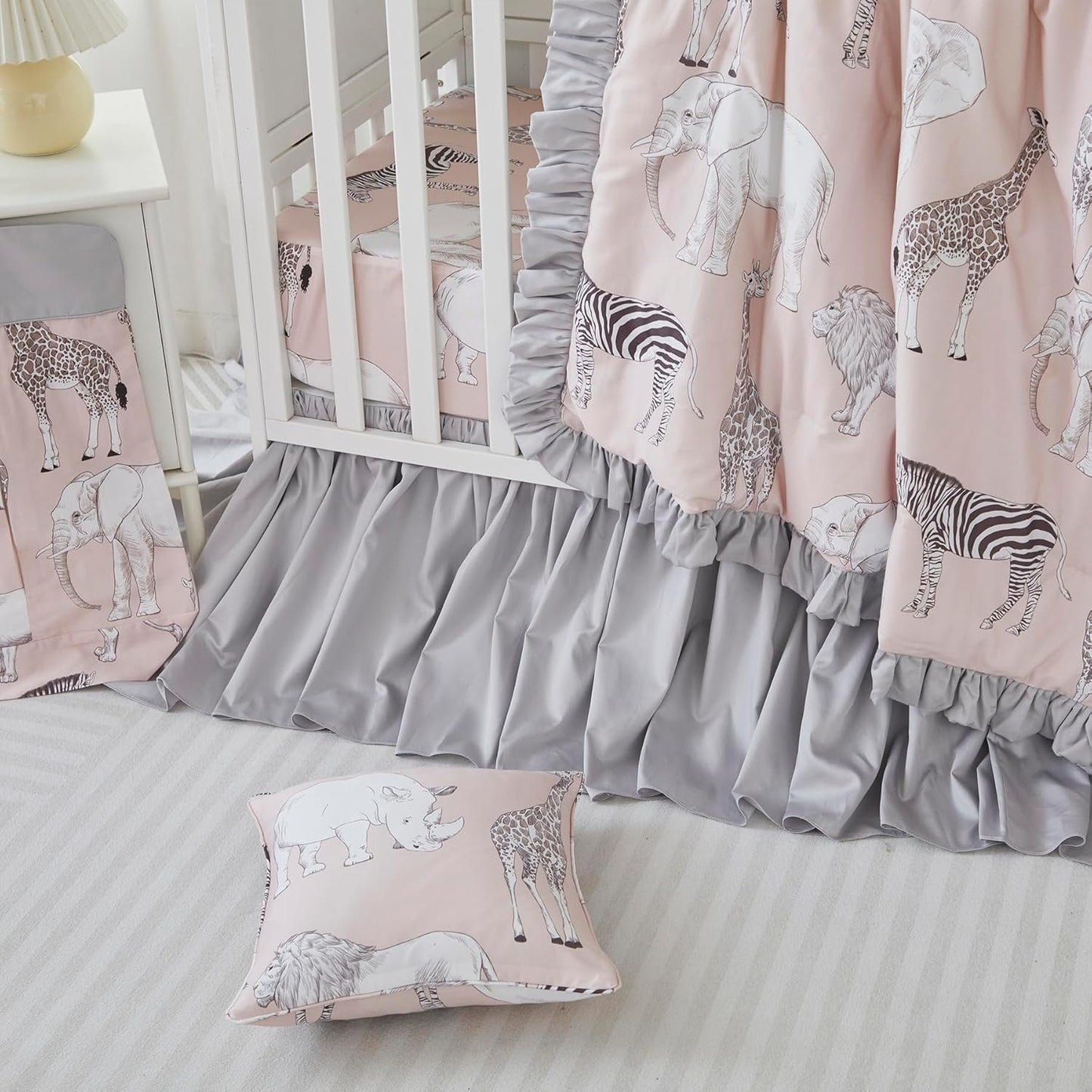 Crib Bedding Set for Girls or Boys, Jungle Safari Animals Pattern, 100% Percale Cotton, 3 Pieces Baby Crib Bedding