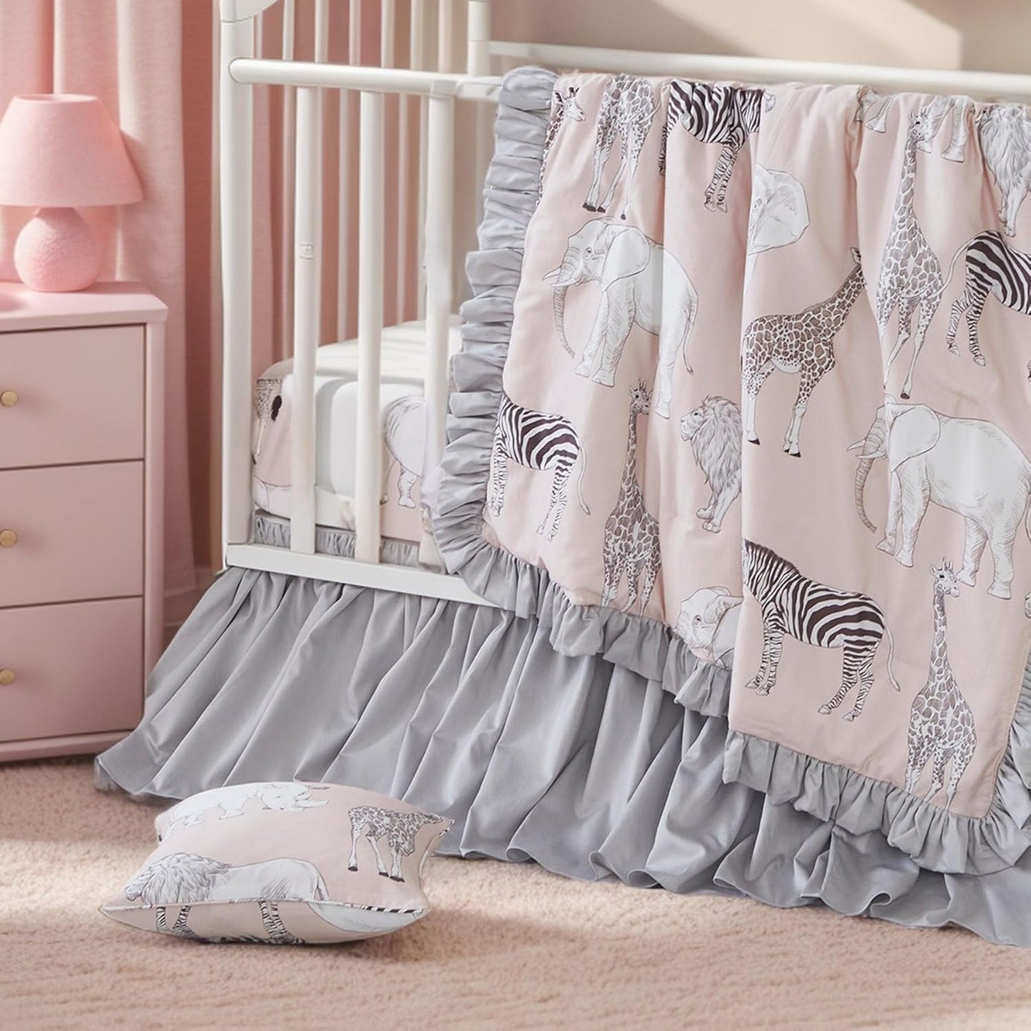 Crib Bedding Set for Girls or Boys, Jungle Safari Animals Pattern, 100% Percale Cotton, 3 Pieces Baby Crib Bedding