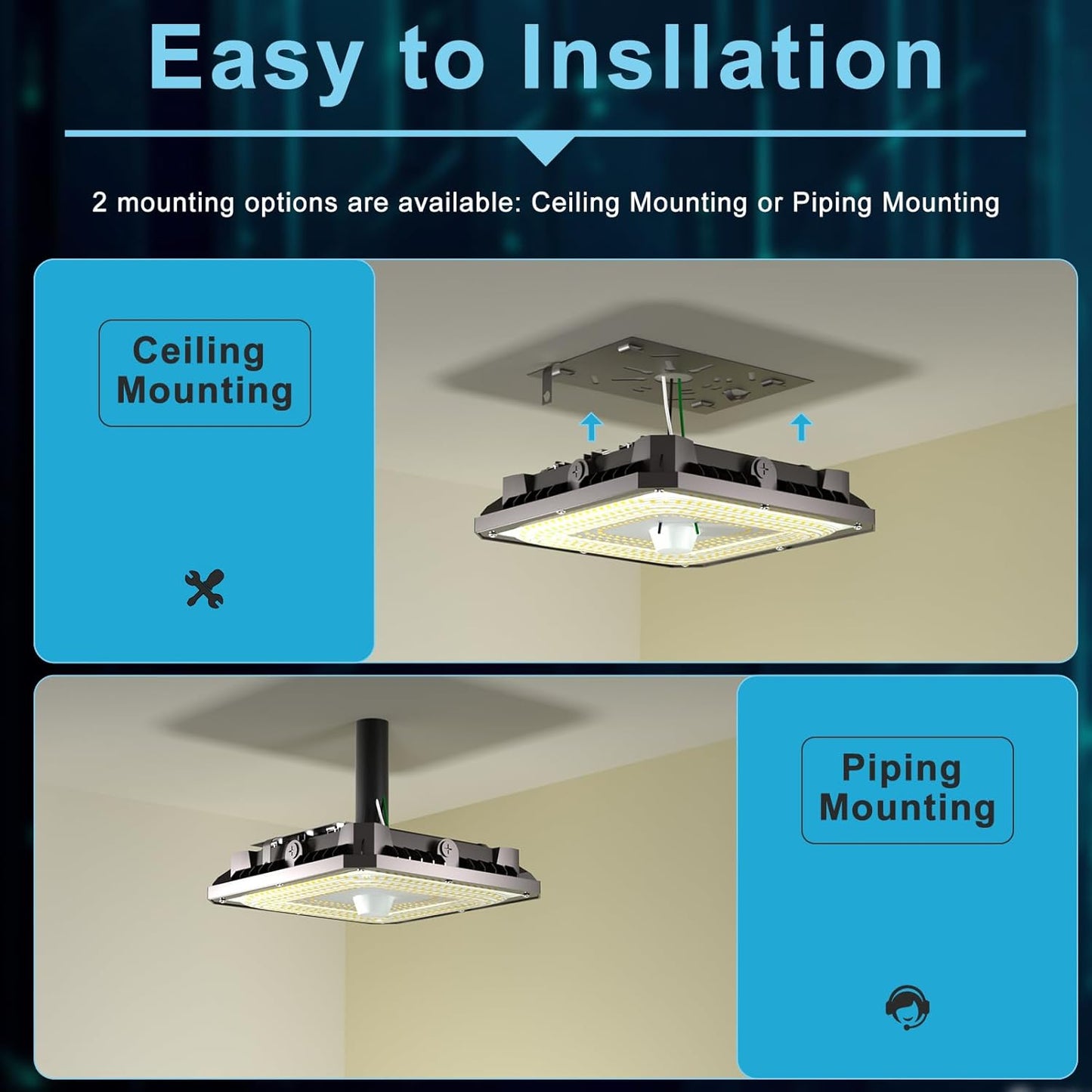 2-Pack 100W Garage Led Ceiling Lights, Large Coverage 15000LM Canopy Lights, Indoor/Outdoor LED