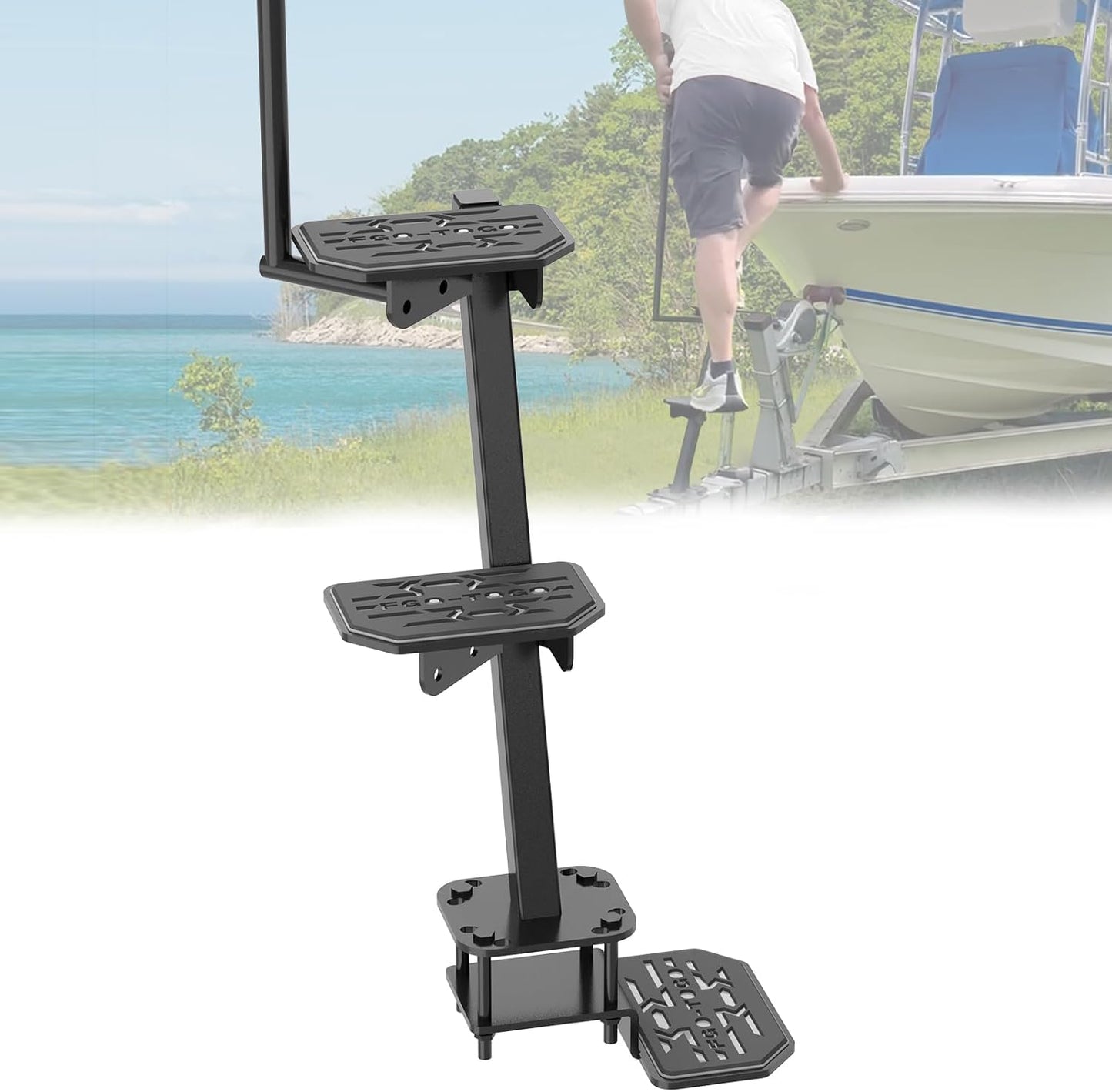 Heavy Duty Boat Trailer Steps with Handle,3-Step Boat Ladder for Deep V Boat Trailer Tongue Steps, 450Lbs Cap