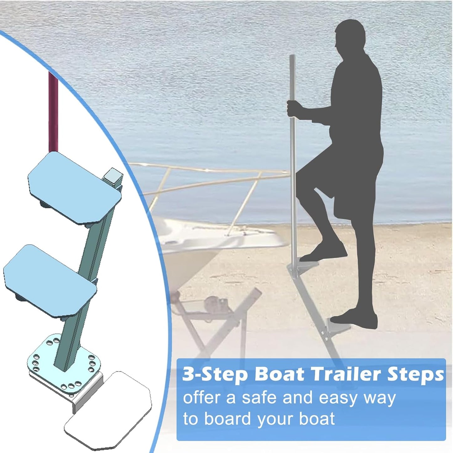 Heavy Duty Boat Trailer Steps with Handle,3-Step Boat Ladder for Deep V Boat Trailer Tongue Steps, 450Lbs Cap