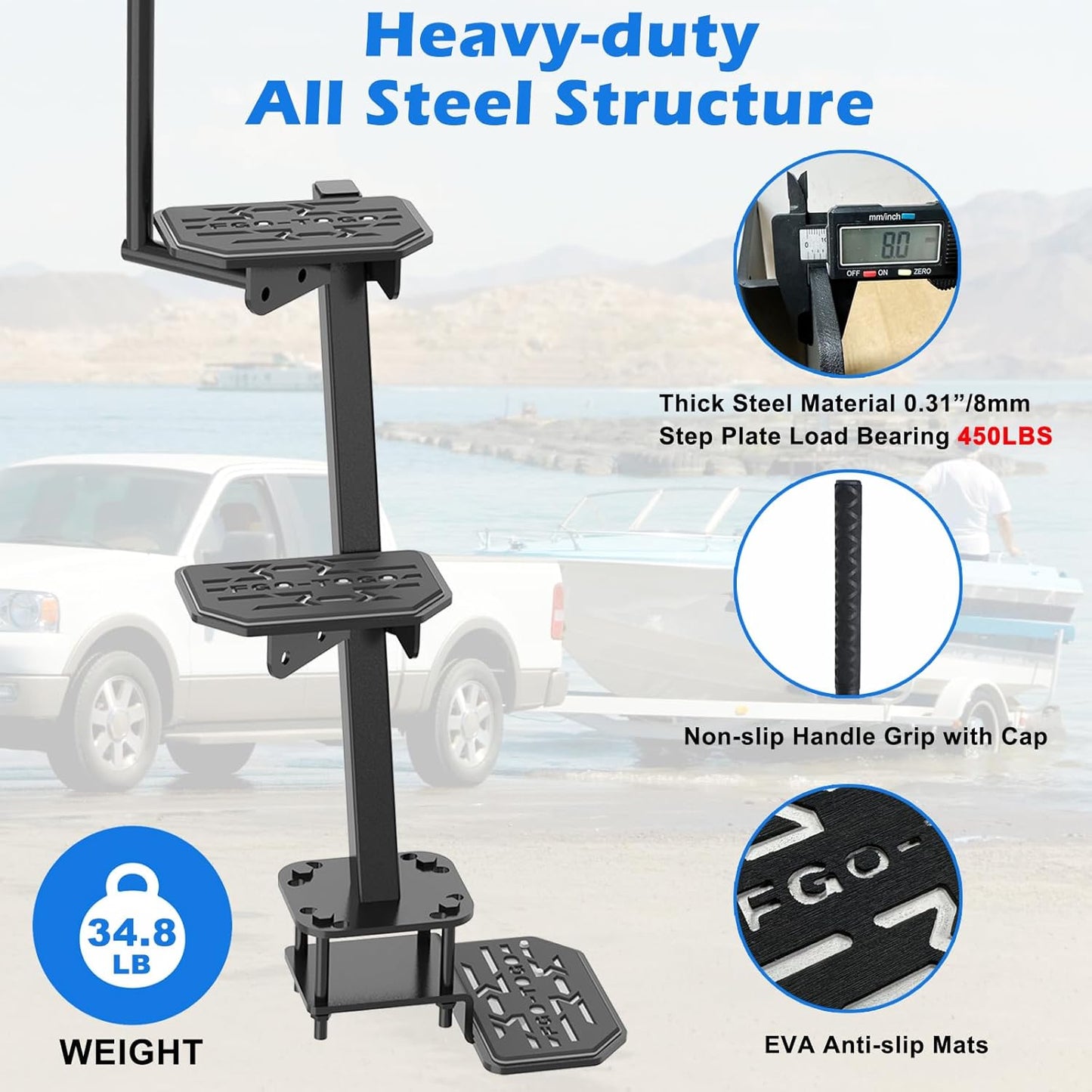 Heavy Duty Boat Trailer Steps with Handle,3-Step Boat Ladder for Deep V Boat Trailer Tongue Steps, 450Lbs Cap