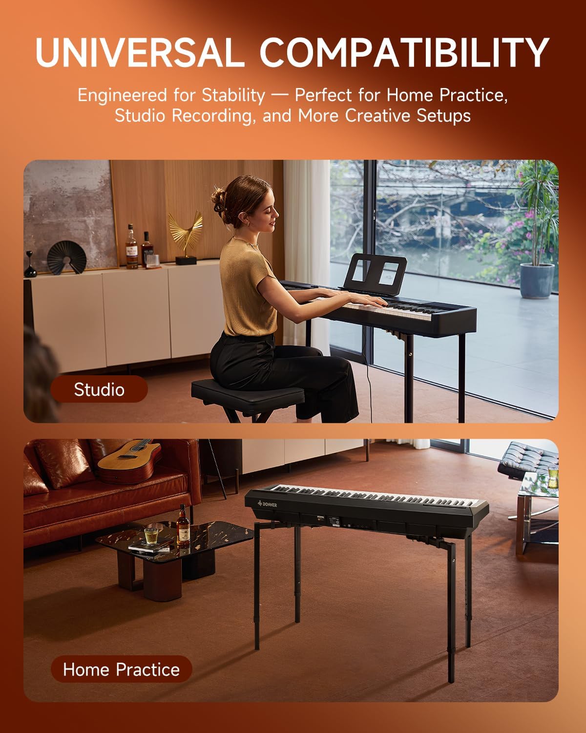 Collapsible Piano Keyboard Stand Adjustable for 54-88 Key Digital Pianos 180 Degree, Foldable Legs, 8-Level Height