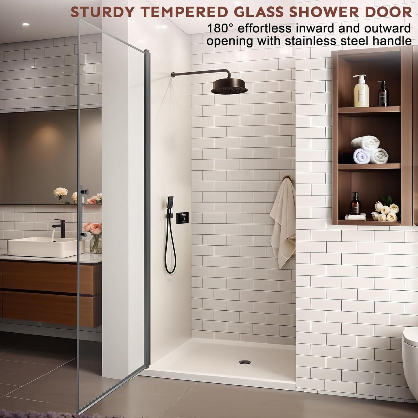 36-Inch Black Shower Door, 72'Height, 115° Opening (Left/Right), Magnetic Seal, Aluminum Frame