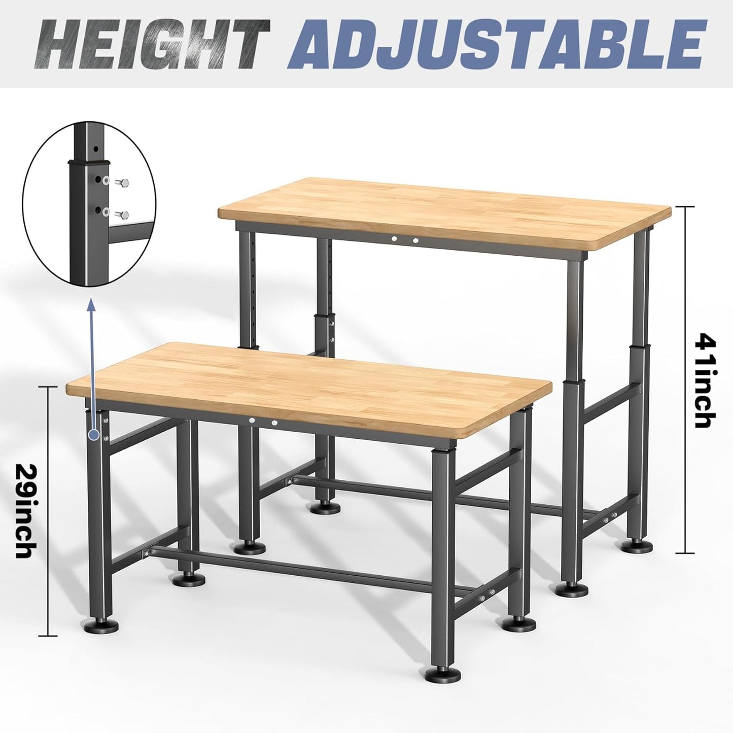 Heavy Duty Adjustable Height Workbench 47.5'x 23.5', Rubber Wood Top Work Table, 2000 LBS Capacity