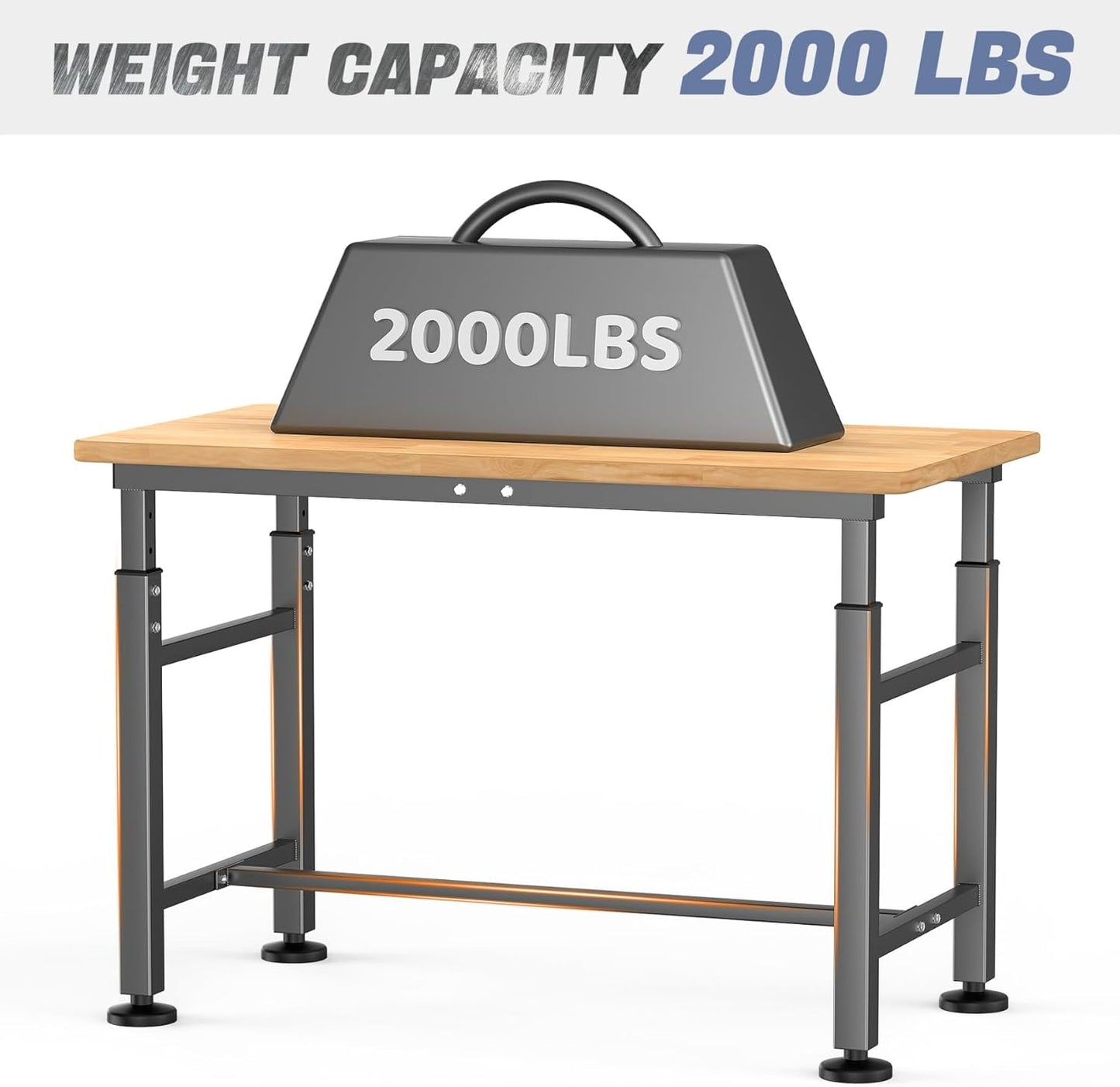 Heavy Duty Adjustable Height Workbench 47.5'x 23.5', Rubber Wood Top Work Table, 2000 LBS Capacity