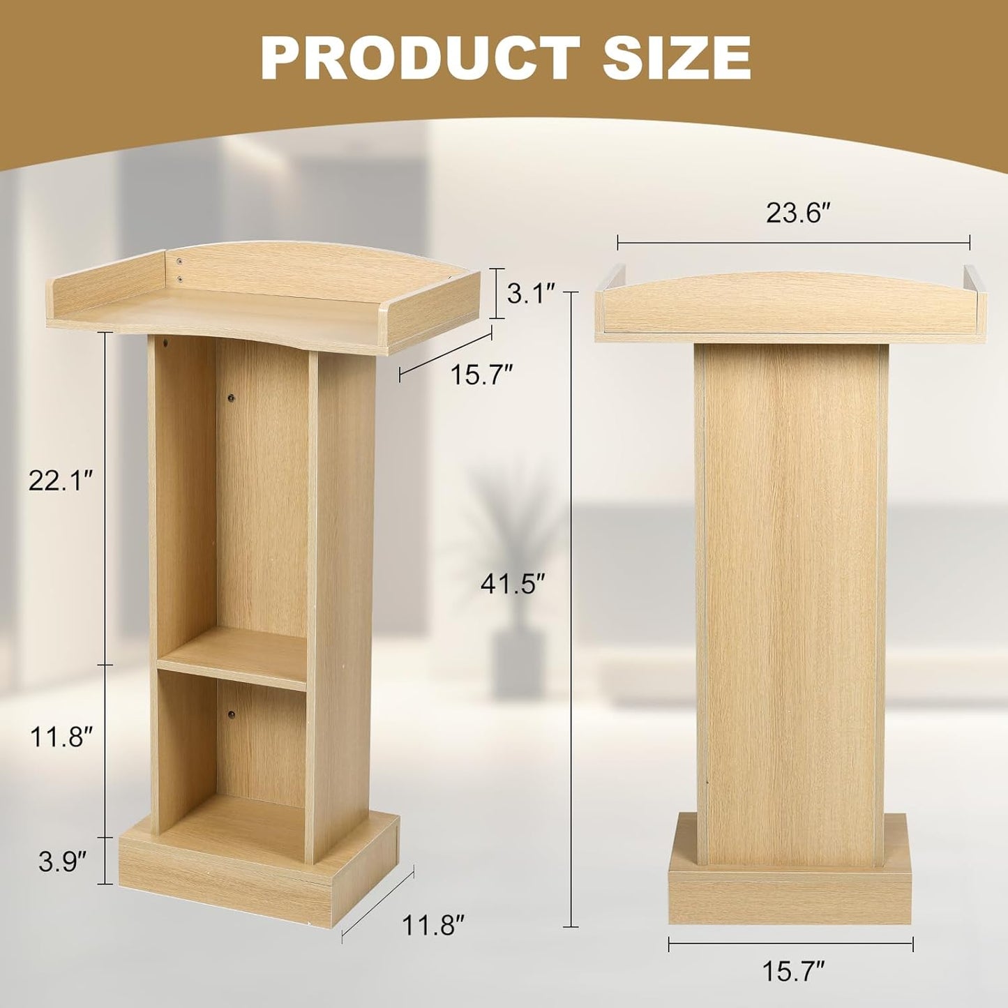 Farmhouse Lectern Podium Stand with Heavy Base, 41.5H x 23.6W x 15.7D inches, Light Oak