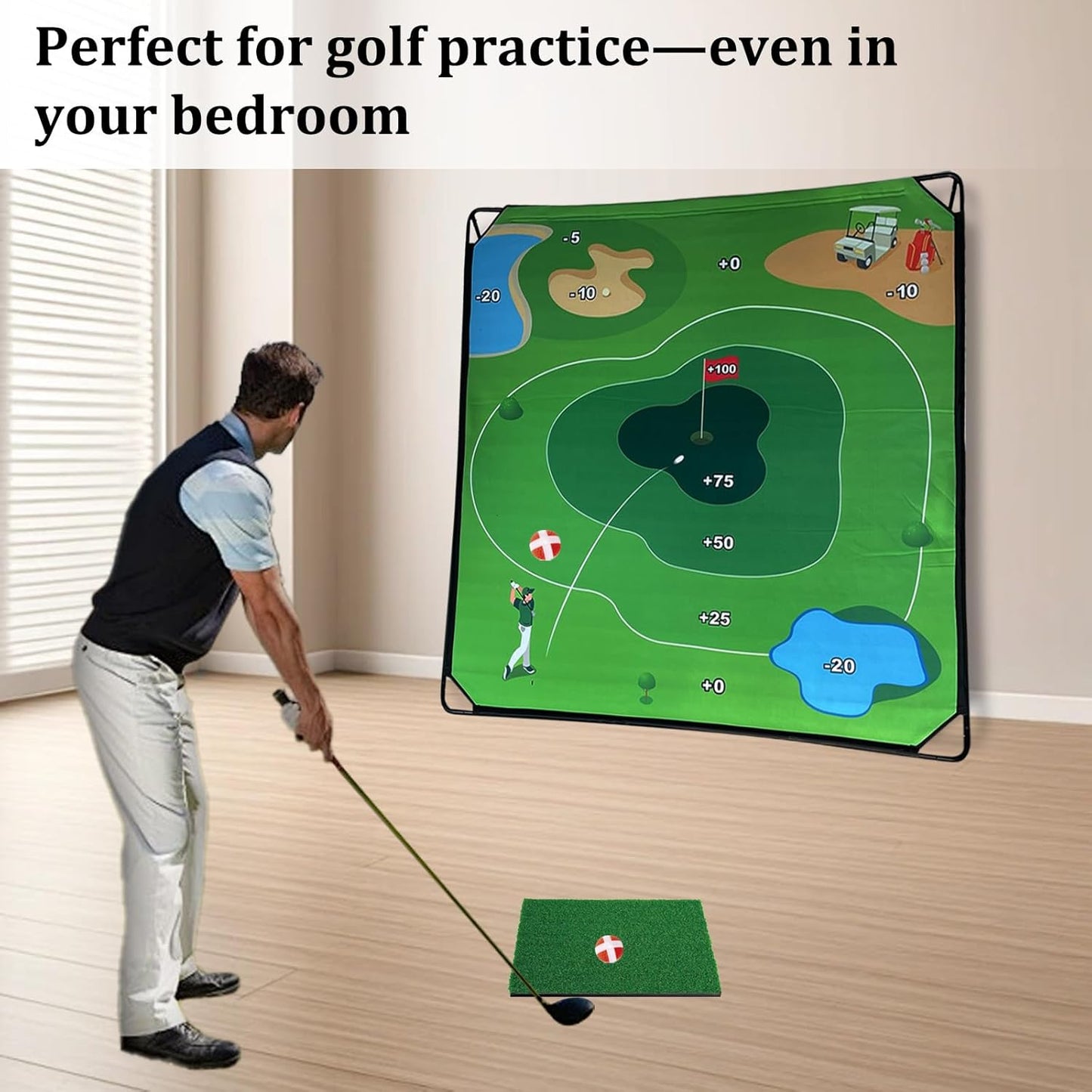 Golf Chipping Game Set, Portable Golf Practice Mat with 28 Balls, 2 Putters, Putting Mat and Carry Bag In/Outdoor
